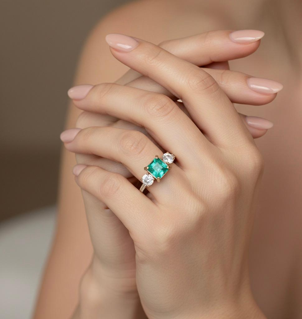 Natural Colombian Emerald & Round Brilliant Cut Diamond Engagement Ring Yellow Gold
Natural Colombian Emerald, Emerald Cut, Color/Clarity: Medium Light Green/ Clarity VS. Total Emerald Weight: 1.84 carats (7.38mmx7.15mm). 
Second Stone: Two Diamonds