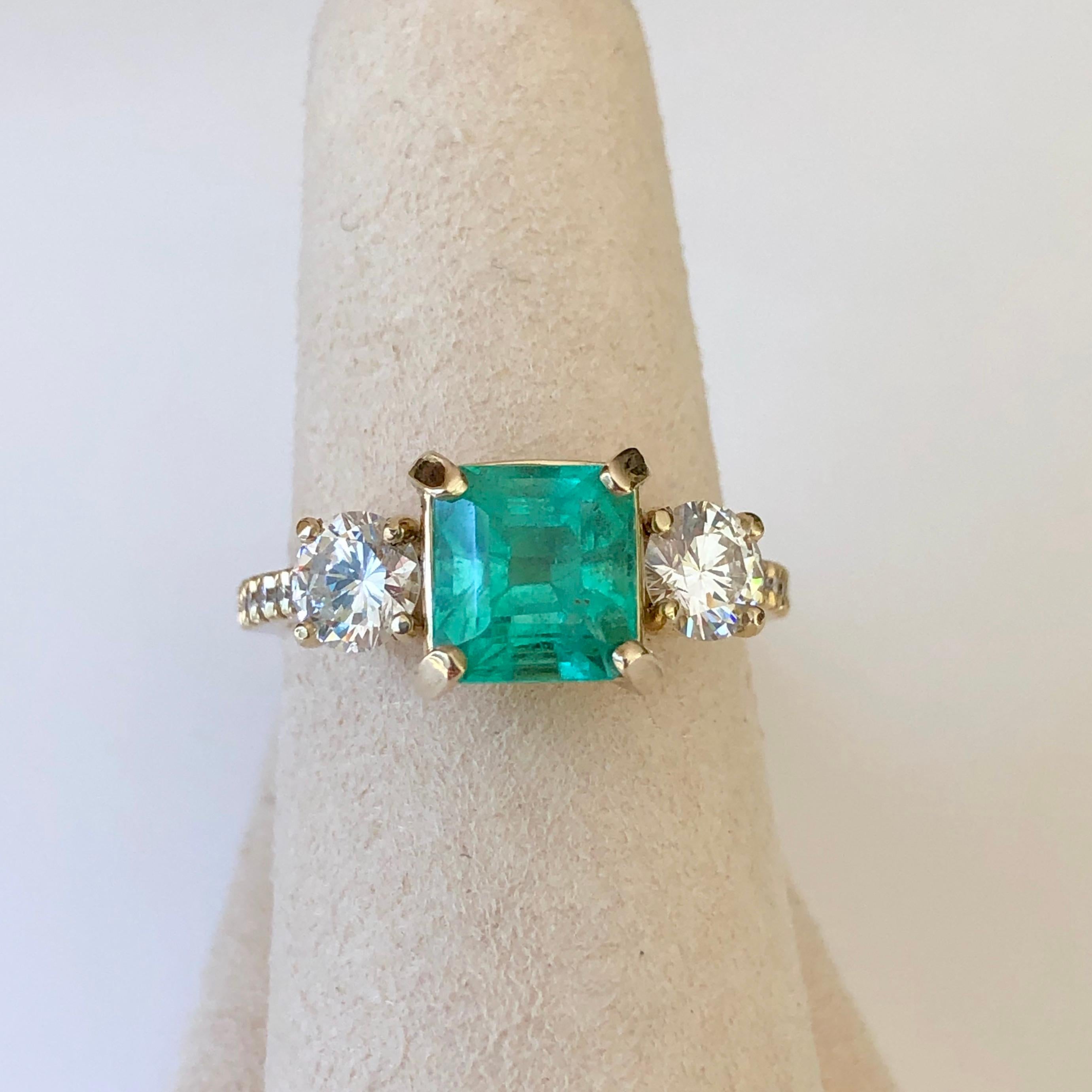 Natural Colombian Emerald and Diamond Engagement Ring Gold For Sale 1