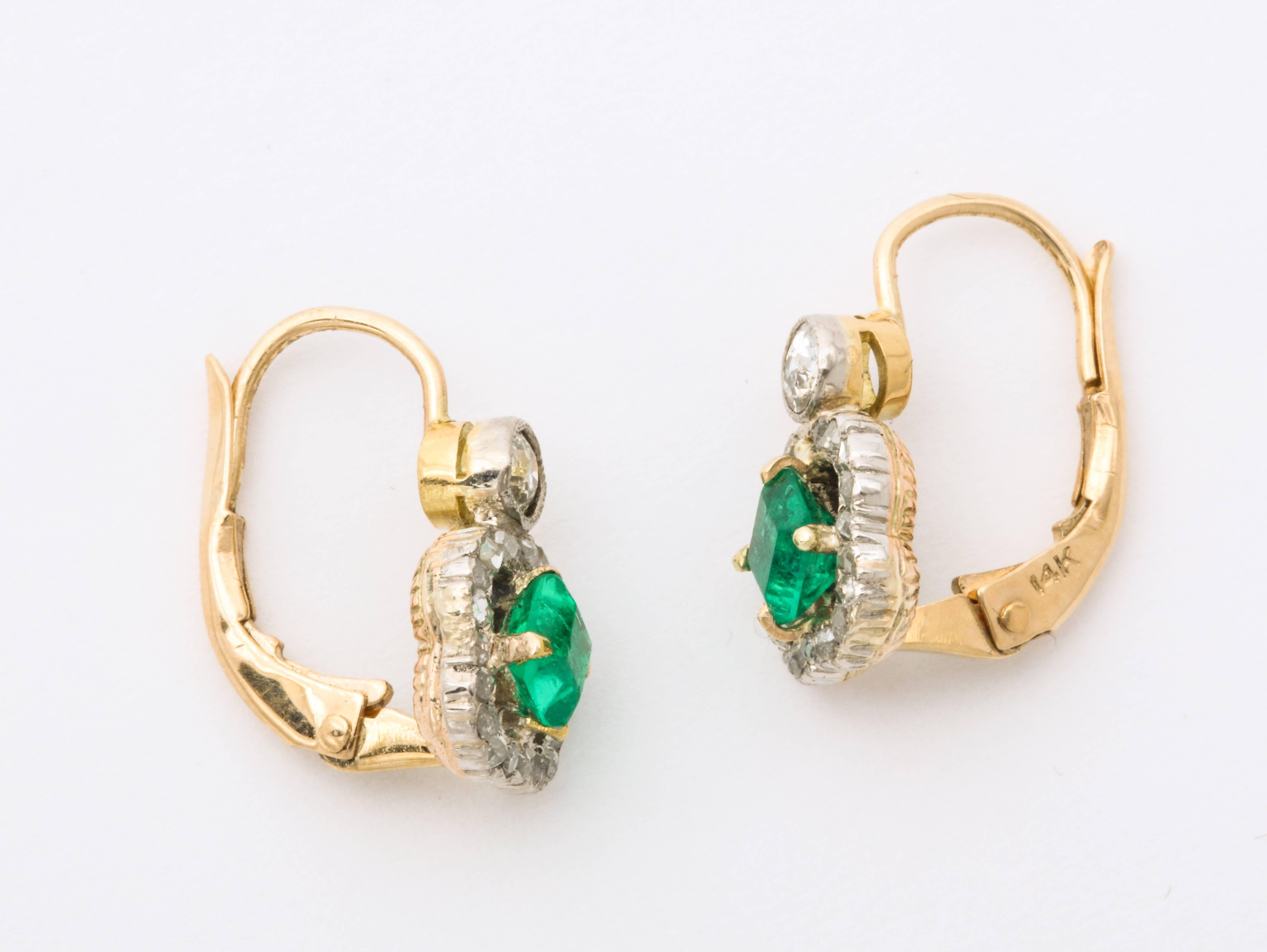 Art Deco Antique Emerald and Diamond Gold Earrings