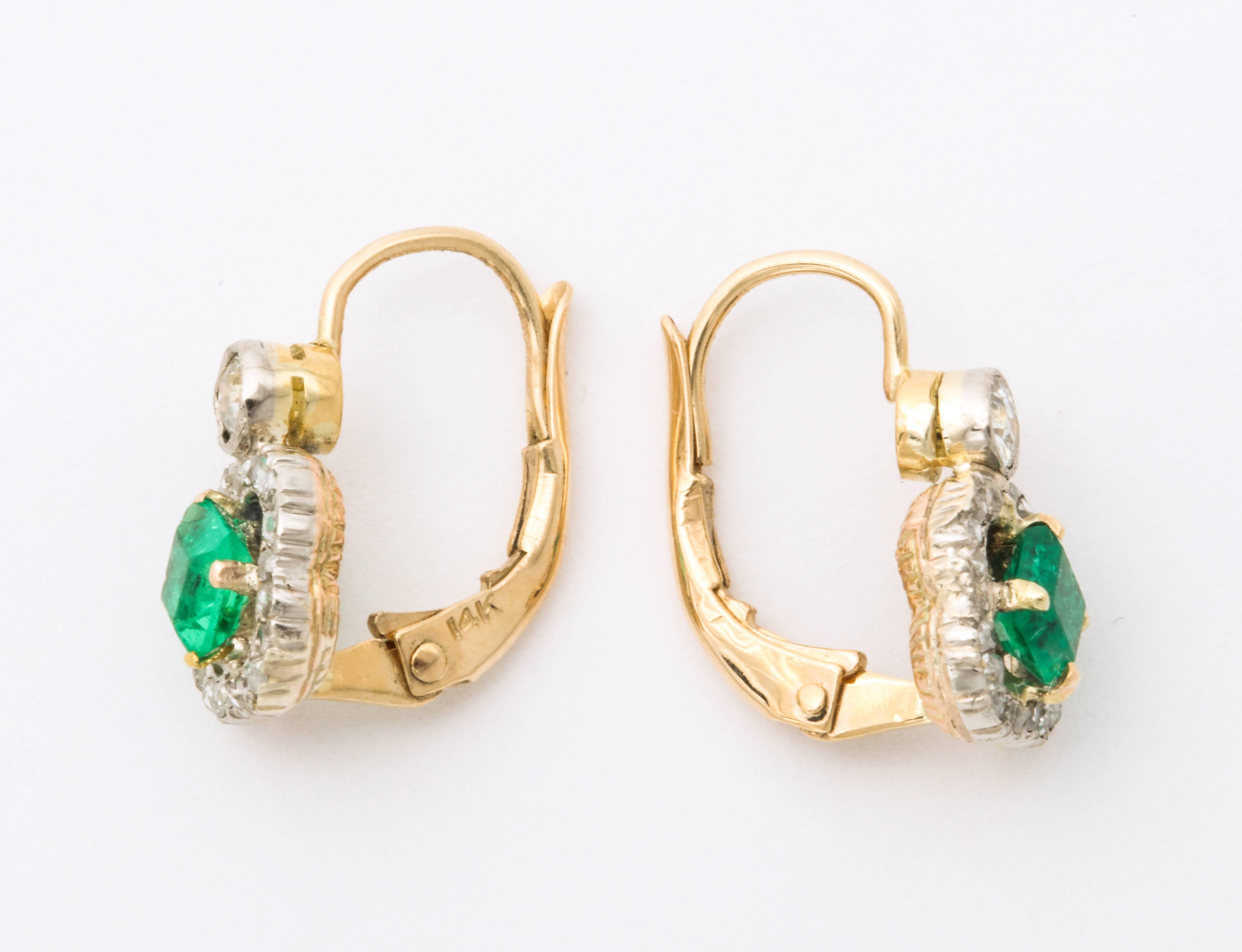 Emerald Cut Antique Emerald and Diamond Gold Earrings