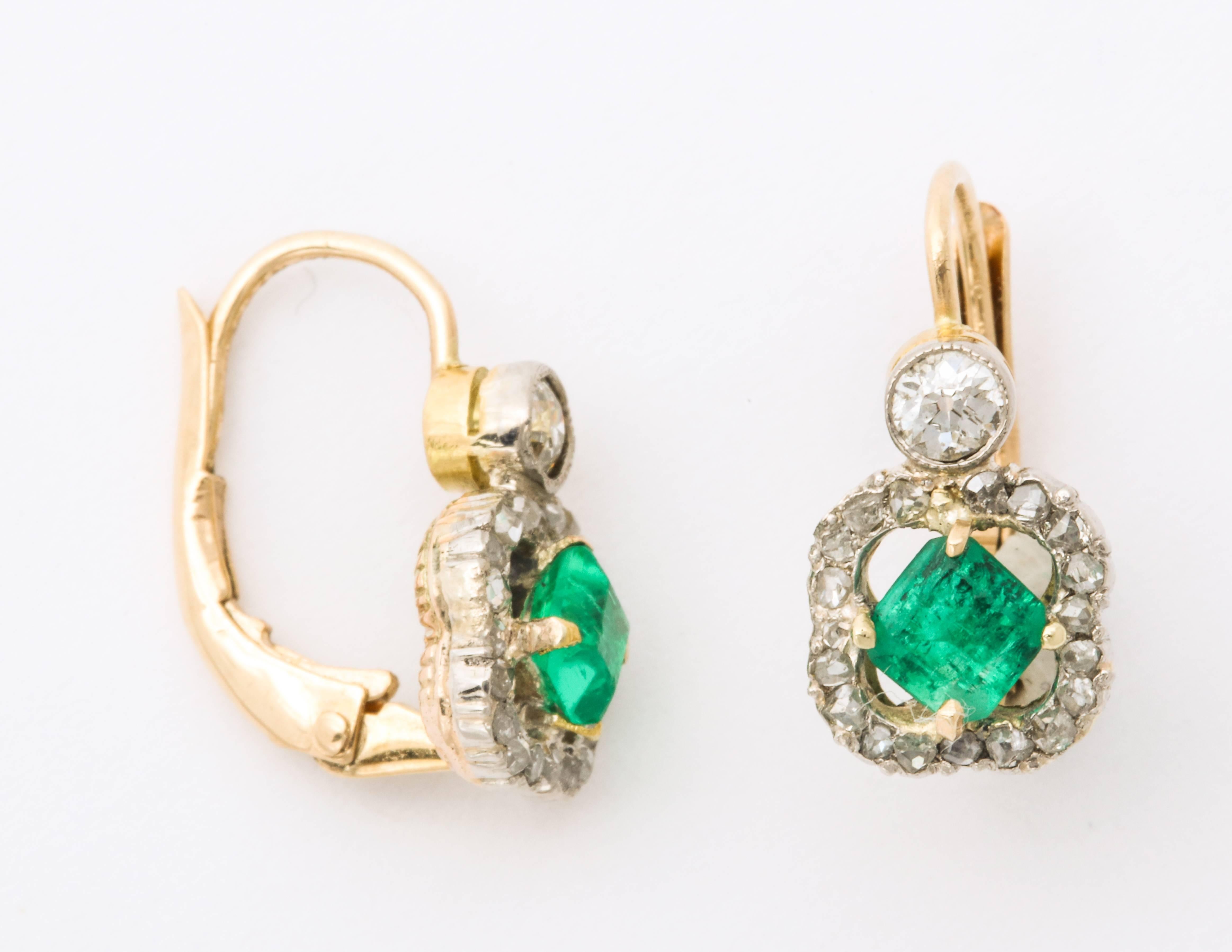 Women's Antique Emerald and Diamond Gold Earrings