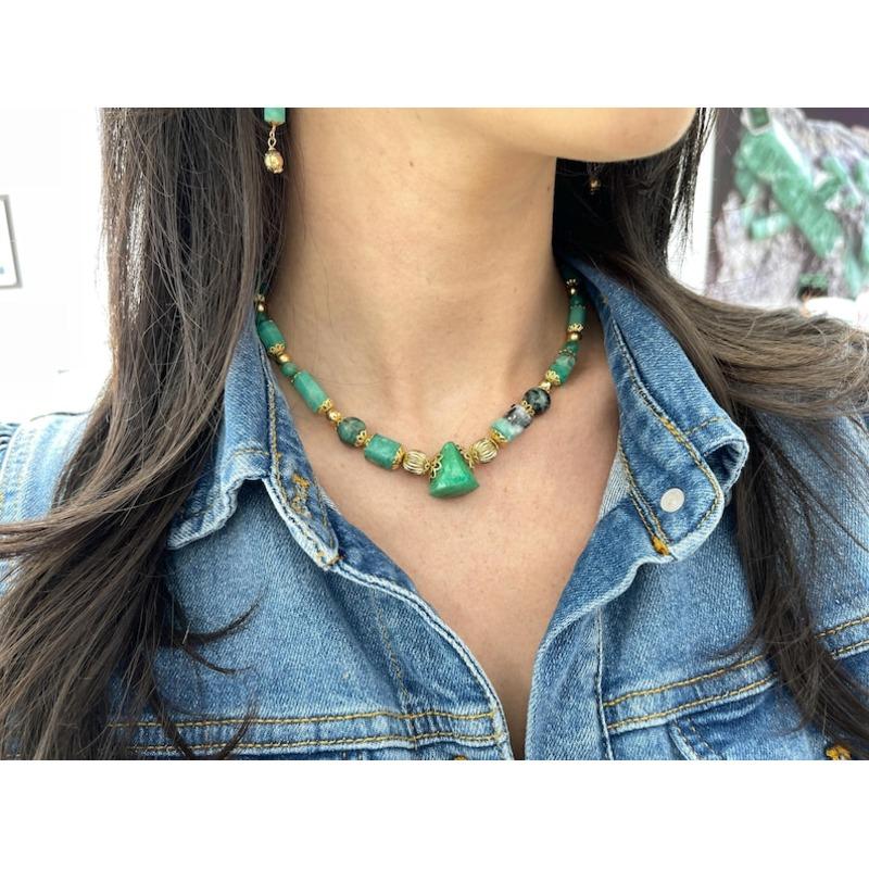 Emerald Cut Natural Colombian Emerald Bead Necklace - 14K Gold Statement Jewelry Design For Sale