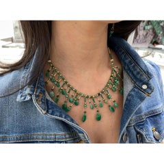Natural Colombian Emerald Bead Necklace - Oval Cabochon 14K Gold & Silver Chain