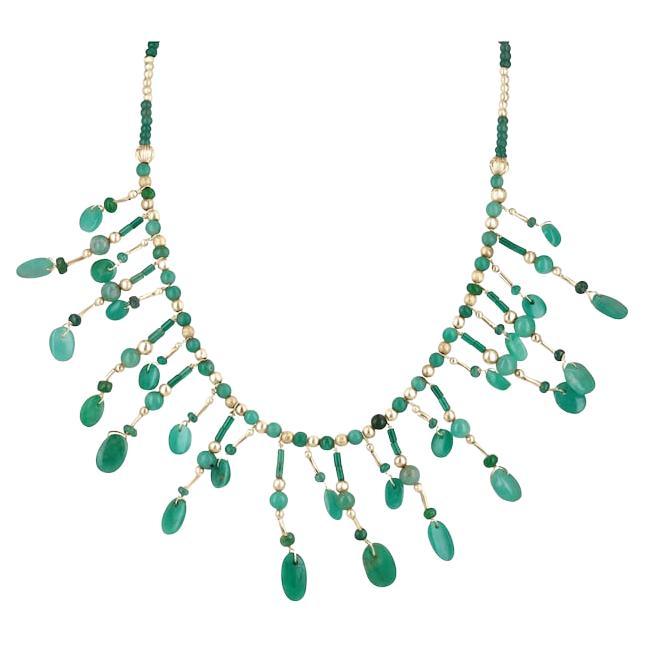 Natural Colombian Emerald Bead Necklace - Oval Cabochon 14K Gold & Silver Chain