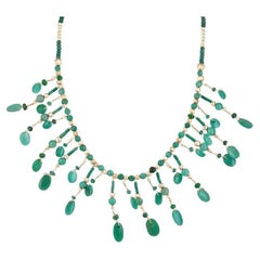 Natural Colombian Emerald Bead Necklace - Oval Cabochon 14K Gold & Silver Chain