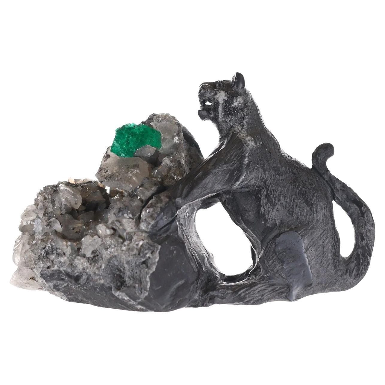 Natural Colombian Emerald Black Panther Hand Carved Collectors Crystal Sculpture For Sale