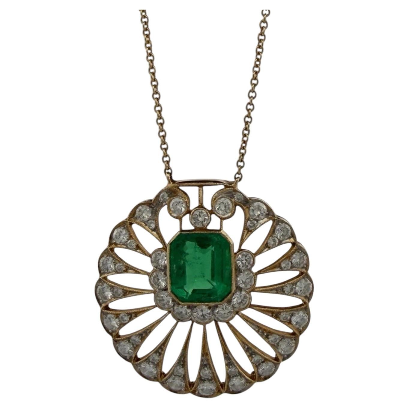 Natural Colombian Emerald & Diamond Pendant Necklace 18K Yellow Gold GIA Report