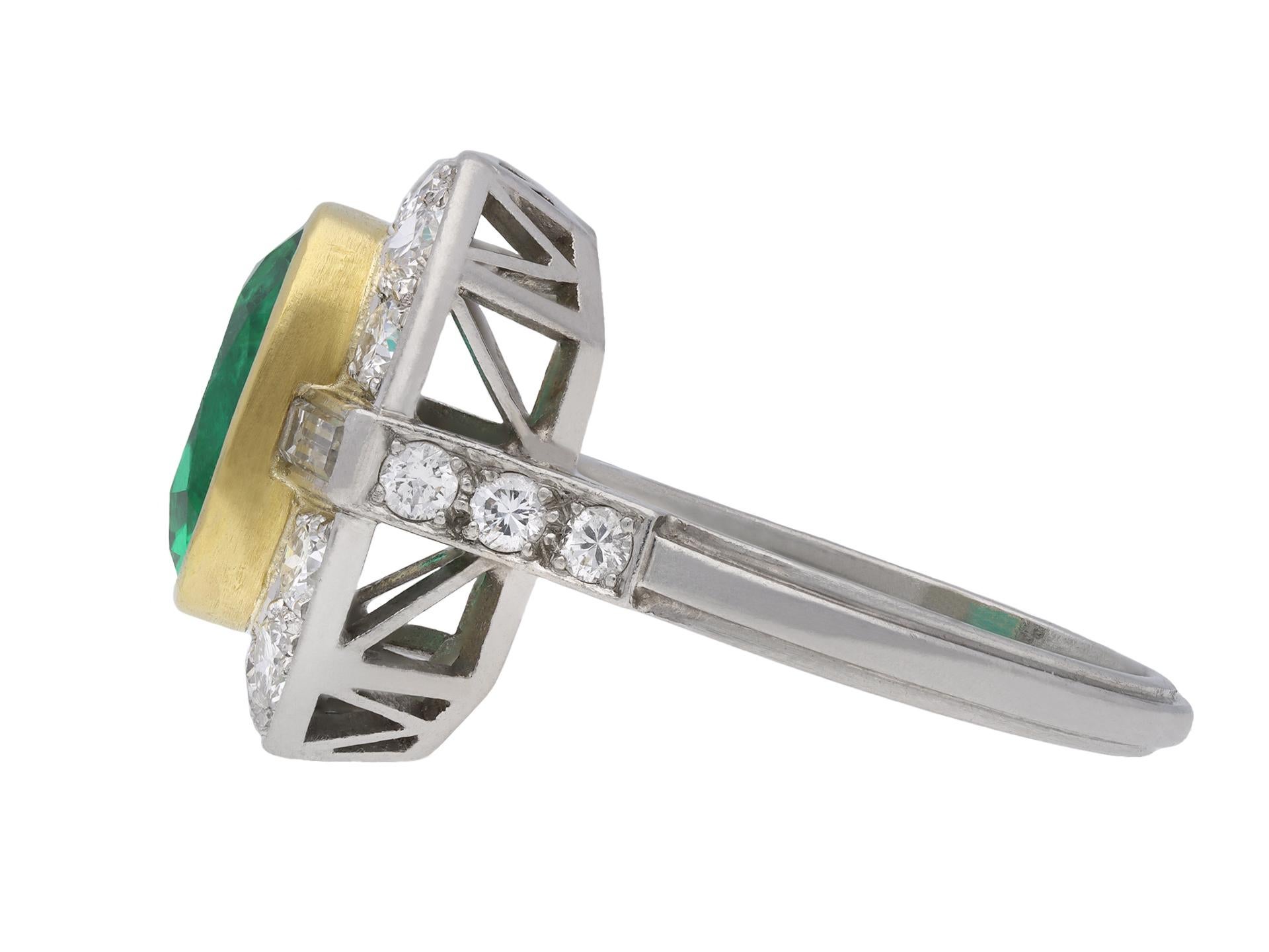 Emerald Cut Natural Colombian Emerald Diamond Platinum Cluster Ring