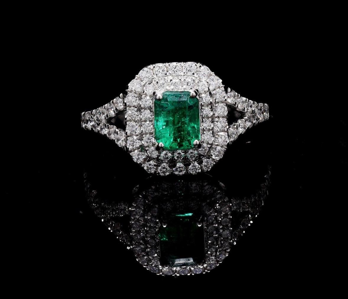 Natürlicher kolumbianischer Smaragd & Diamant Ring in 18k Gold (Smaragdschliff) im Angebot