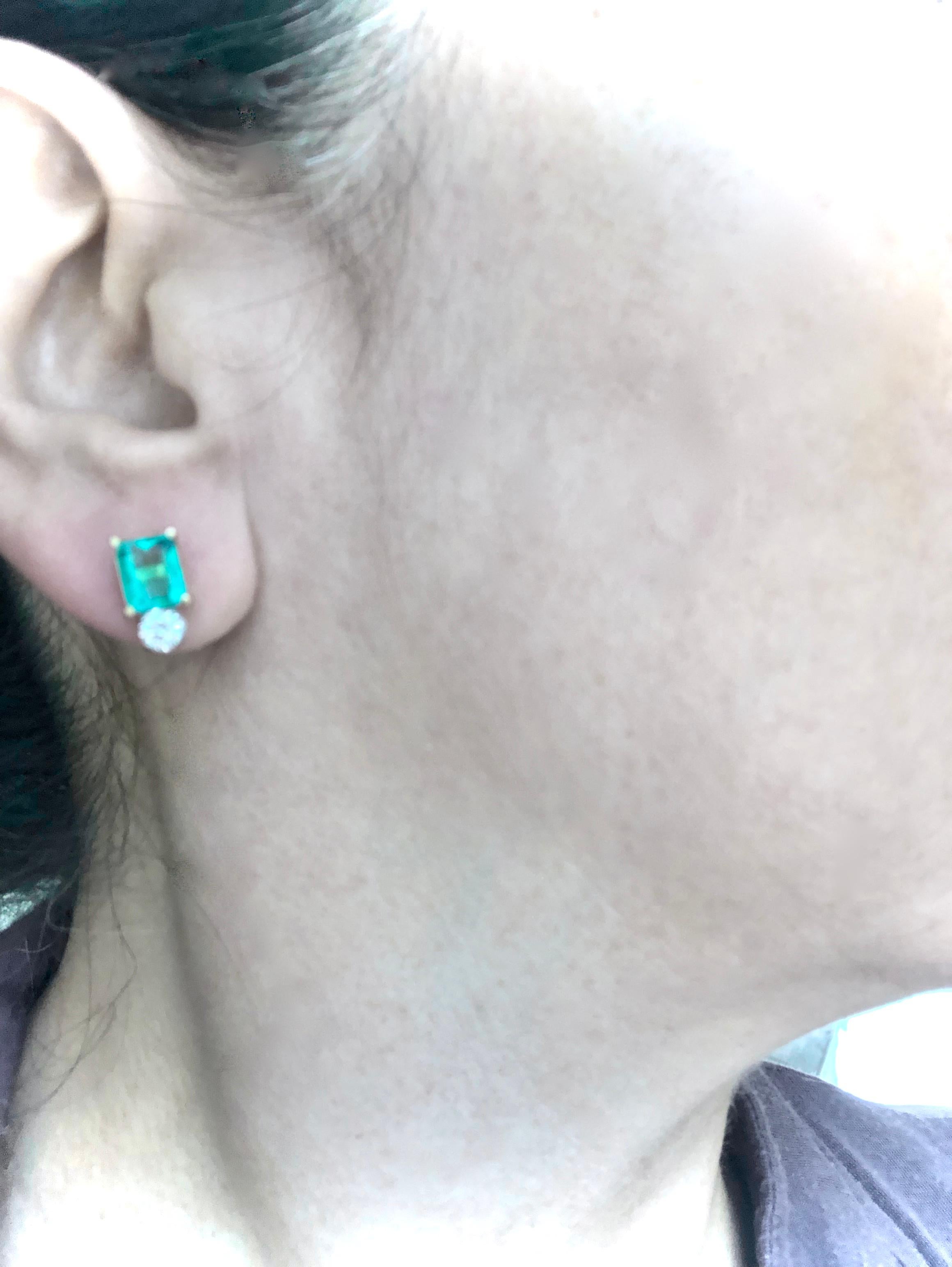 Edwardian Natural Colombian Emerald Diamond Stud Earrings 18 Karat