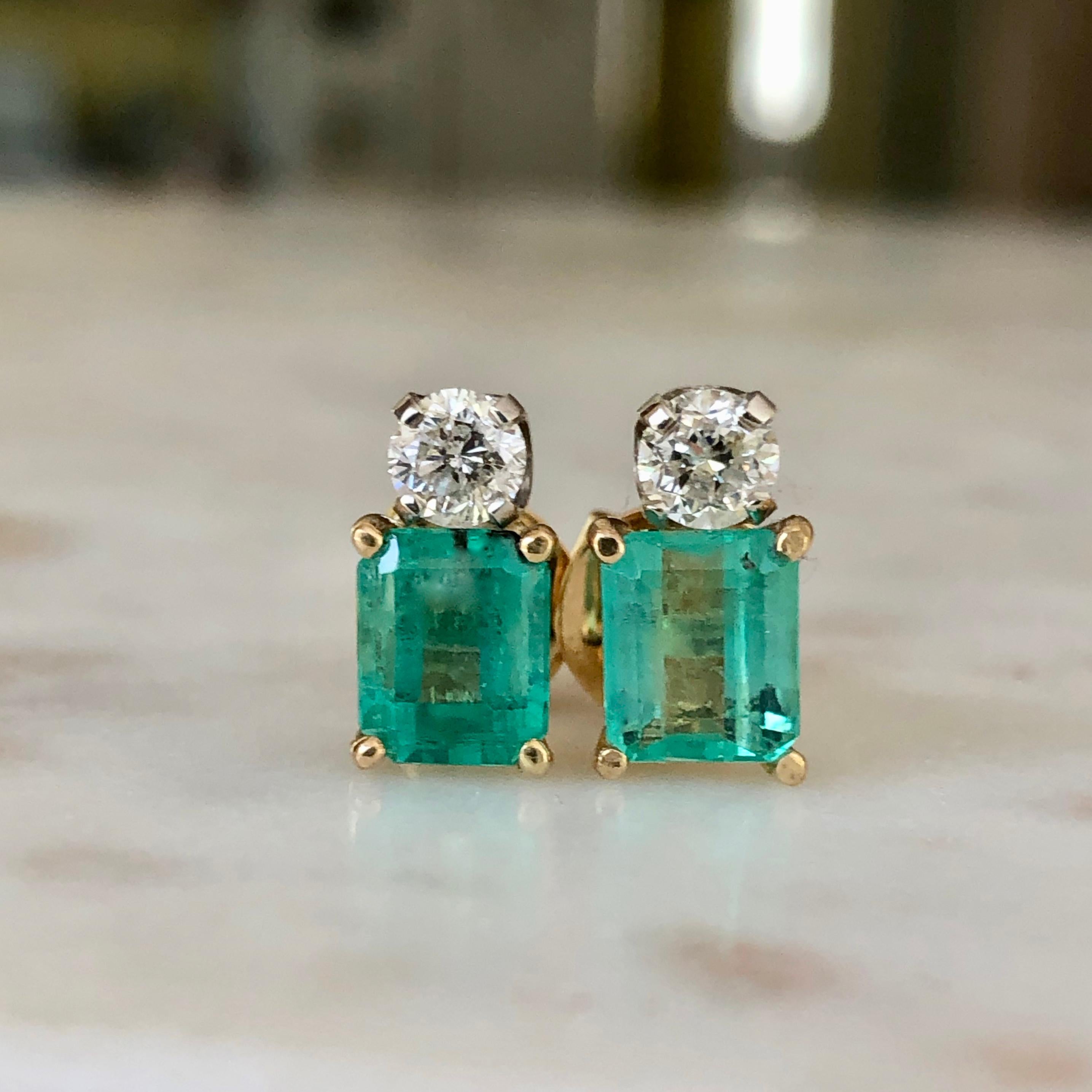 Emerald Cut Natural Colombian Emerald Diamond Stud Earrings 18 Karat