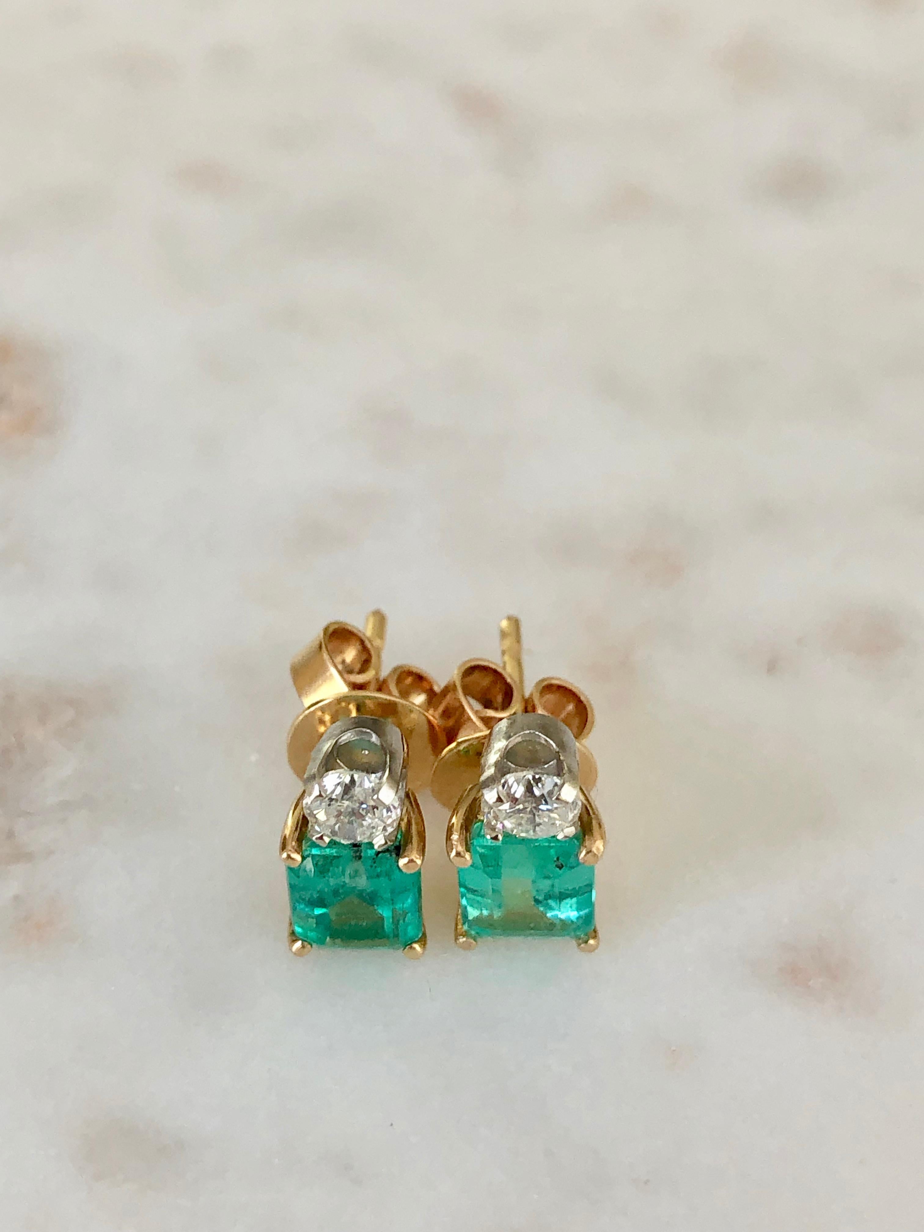 Natural Colombian Emerald Diamond Stud Earrings 18 Karat 1