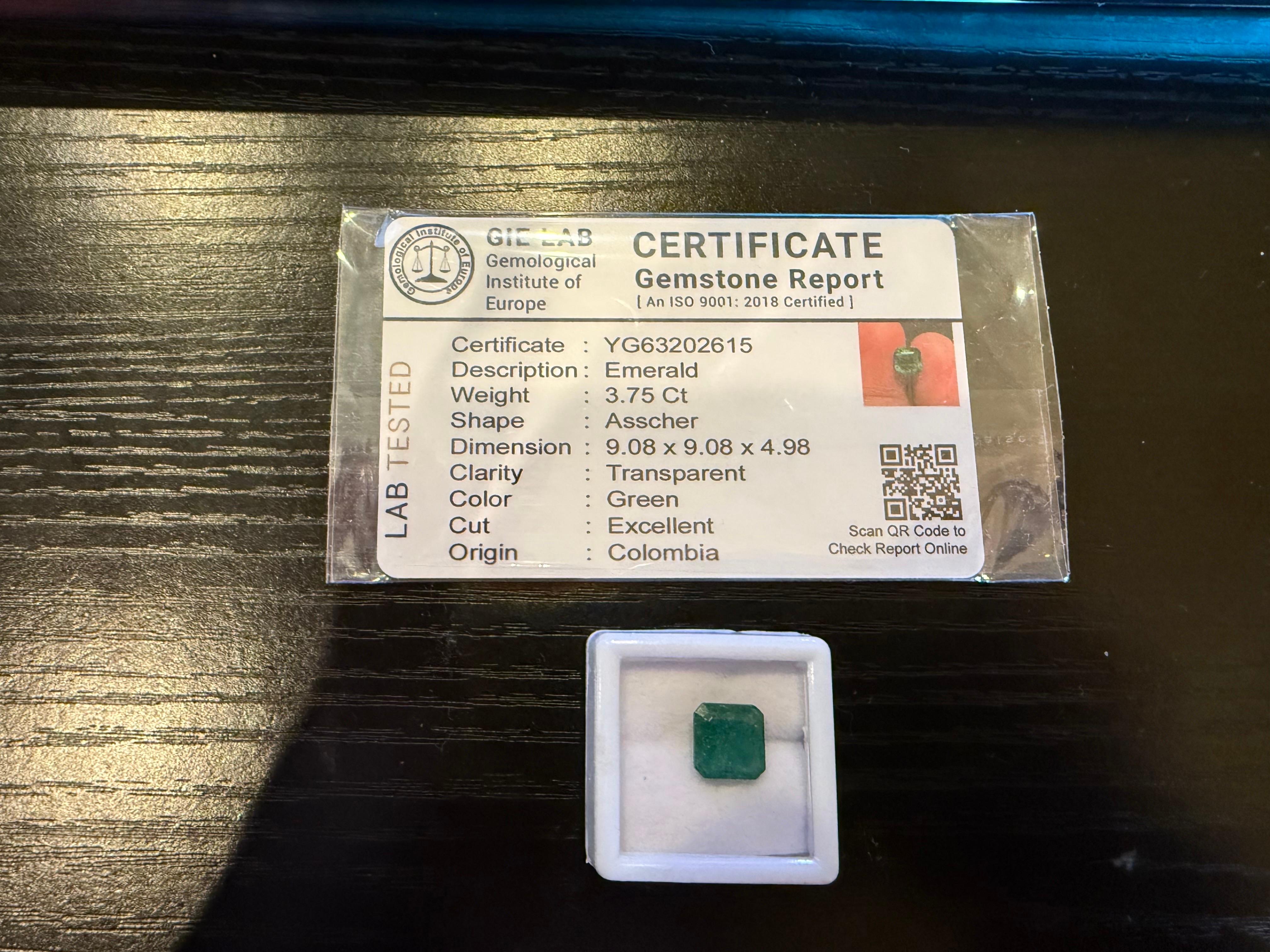Taglio Asscher Gemma smeraldo colombiano naturale 9mm 3,75ct in vendita