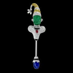 GIA Certified Russian Emerald & Burma Sapphire White & Yellow Diamond  Joker Pin