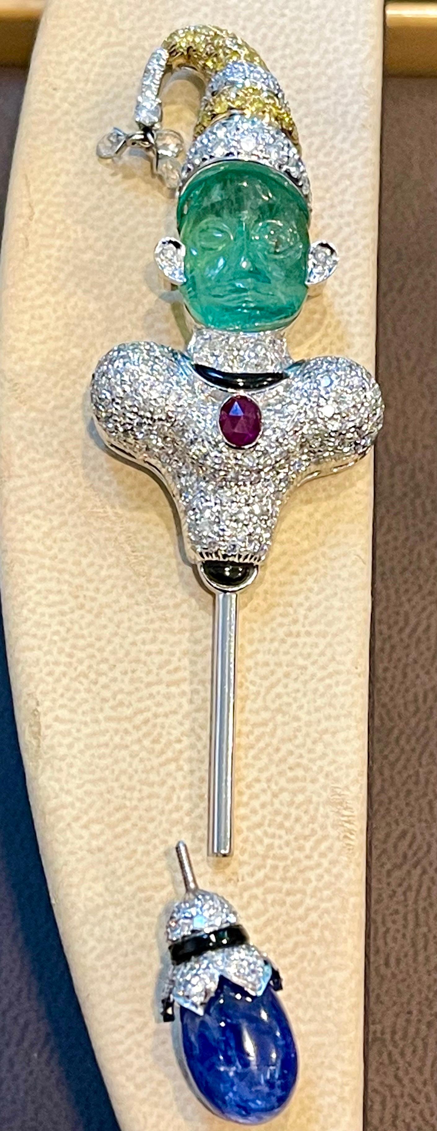 GIA Certified Russian Emerald & Burma Sapphire White & Yellow Diamond  Joker Pin In Excellent Condition For Sale In New York, NY