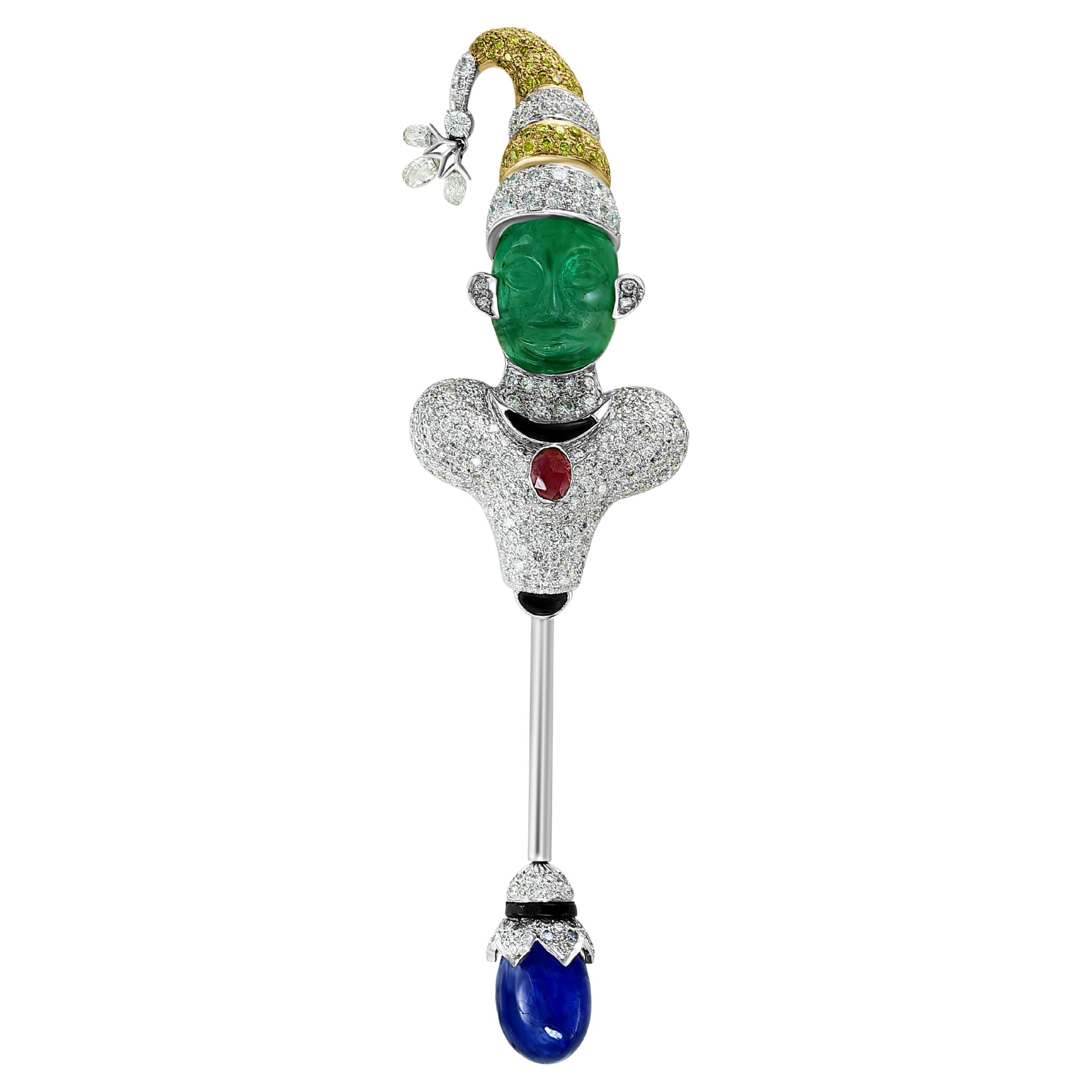 GIA Certified Russian Emerald & Burma Sapphire White & Yellow Diamond  Joker Pin