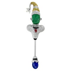 GIA Certified Russian Emerald & Burma Sapphire White & Yellow Diamond  Joker Pin
