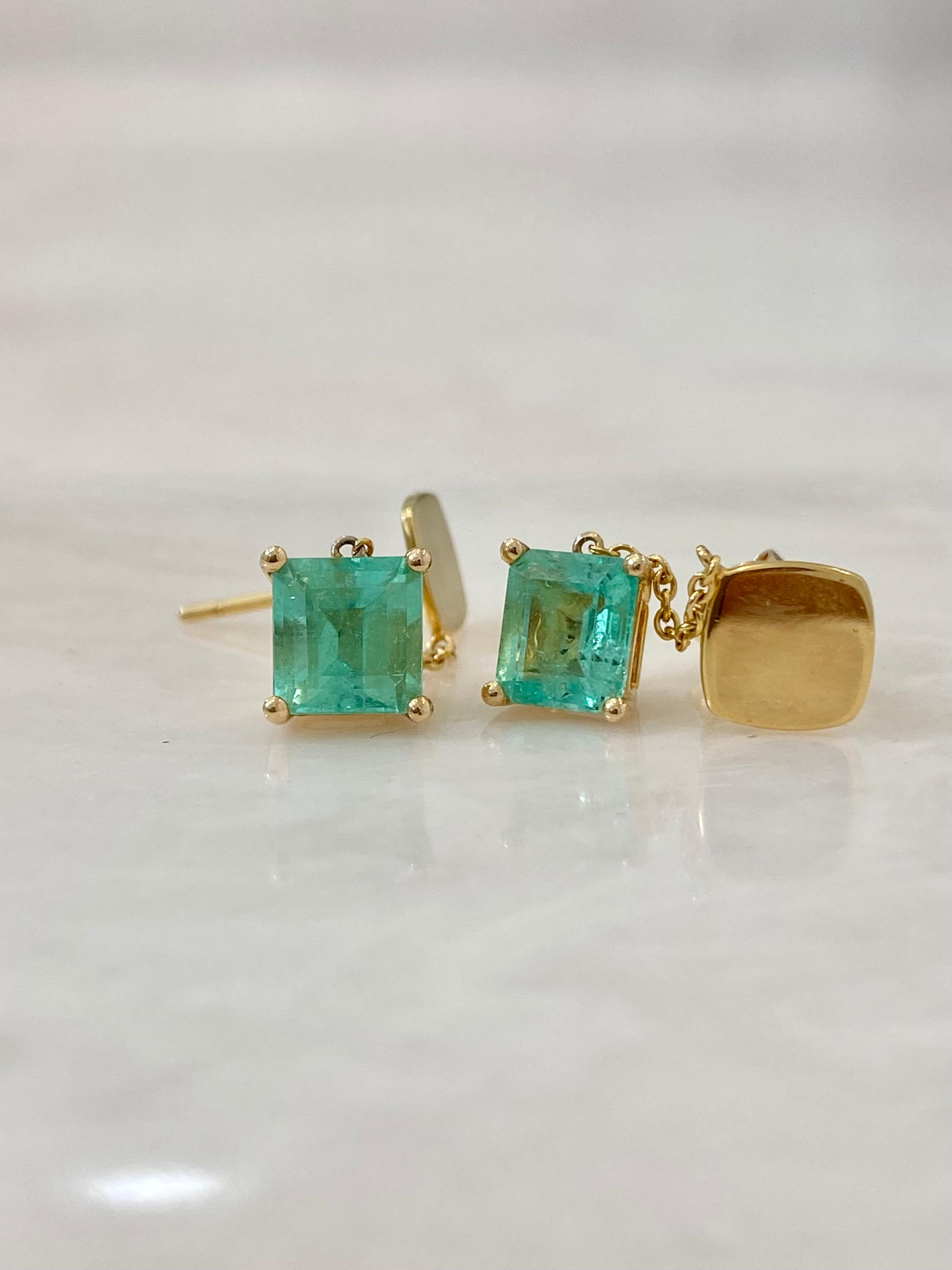 Emerald Cut Natural Colombian Emerald Square cut drop Earrings in 18k solid gold For Sale