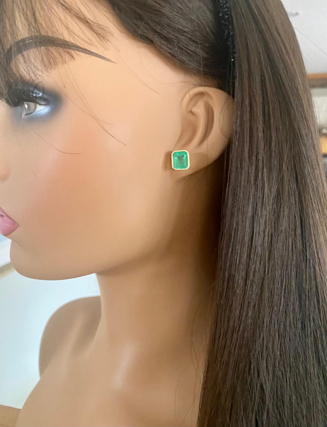 Emerald Cut 6.20 Carat Natural Emerald Stud Earrings 18 Karat Yellow Gold