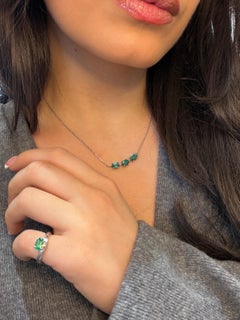 Natural Colombian Emerald Three Stone Necklace Oval Emeralds 14K White Gold