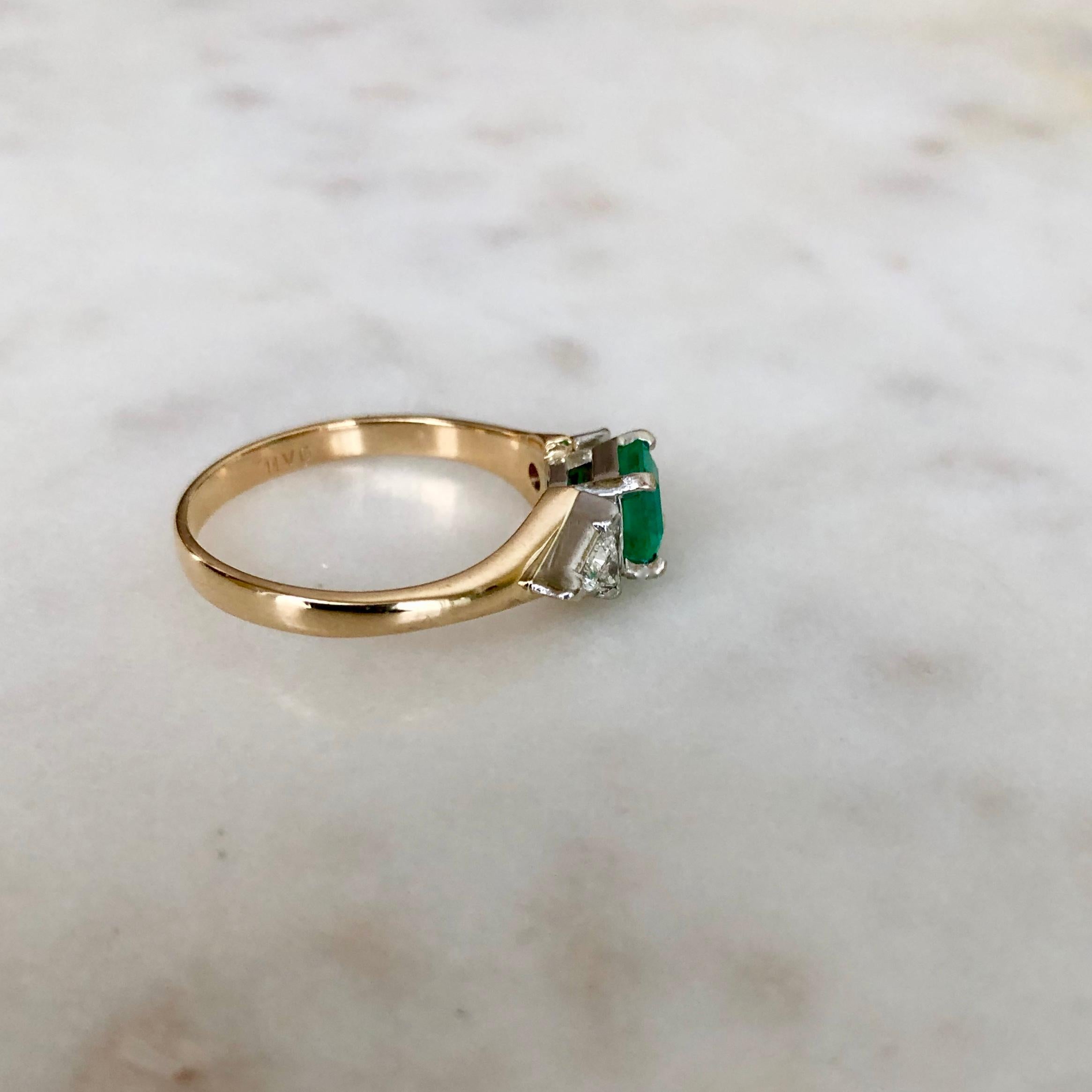 Emerald Cut Vintage Colombian Emerald Triangular Diamond Three-Stone Engagement Ring