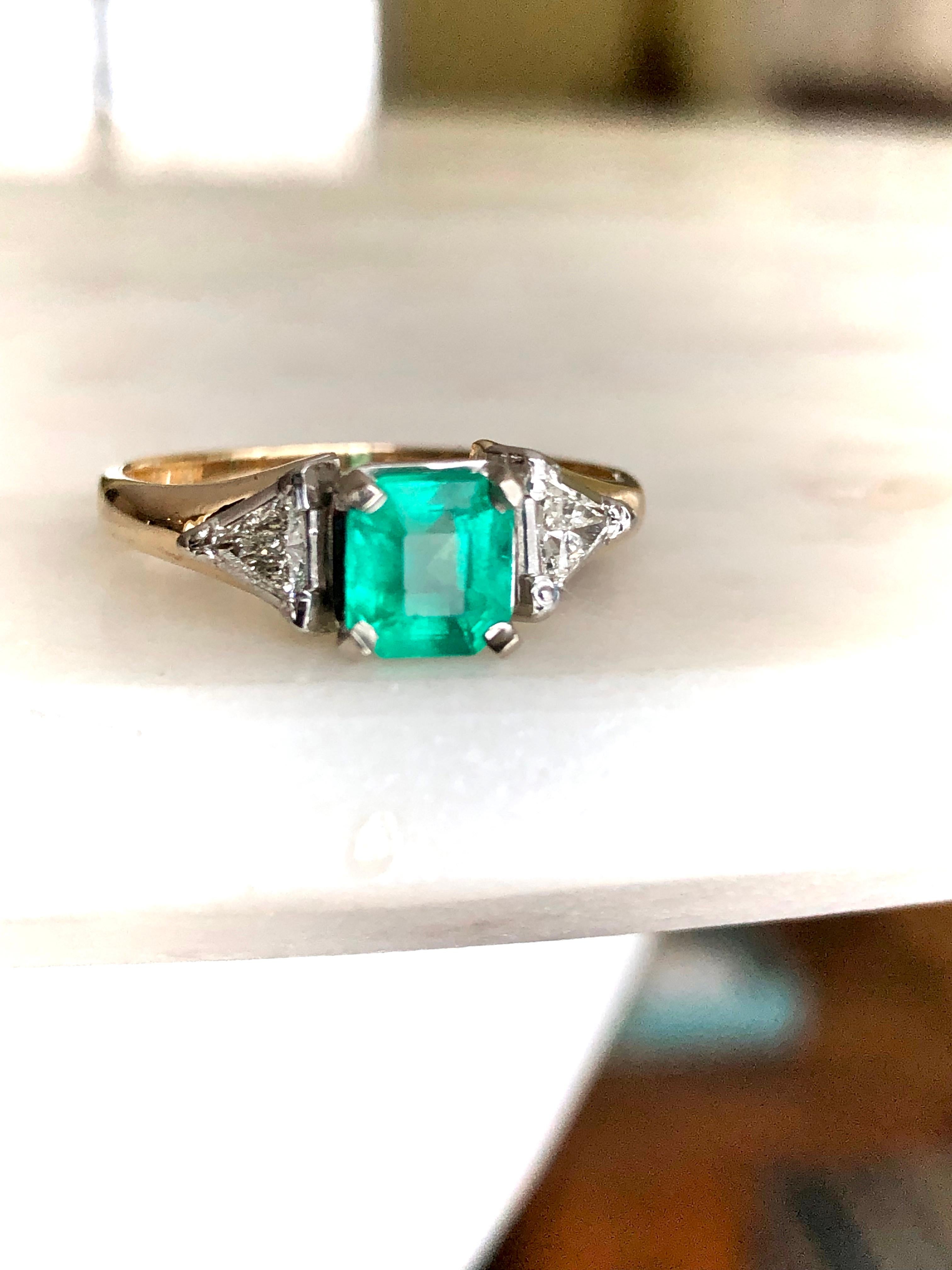 Vintage Colombian Emerald Triangular Diamond Three-Stone Engagement Ring 1