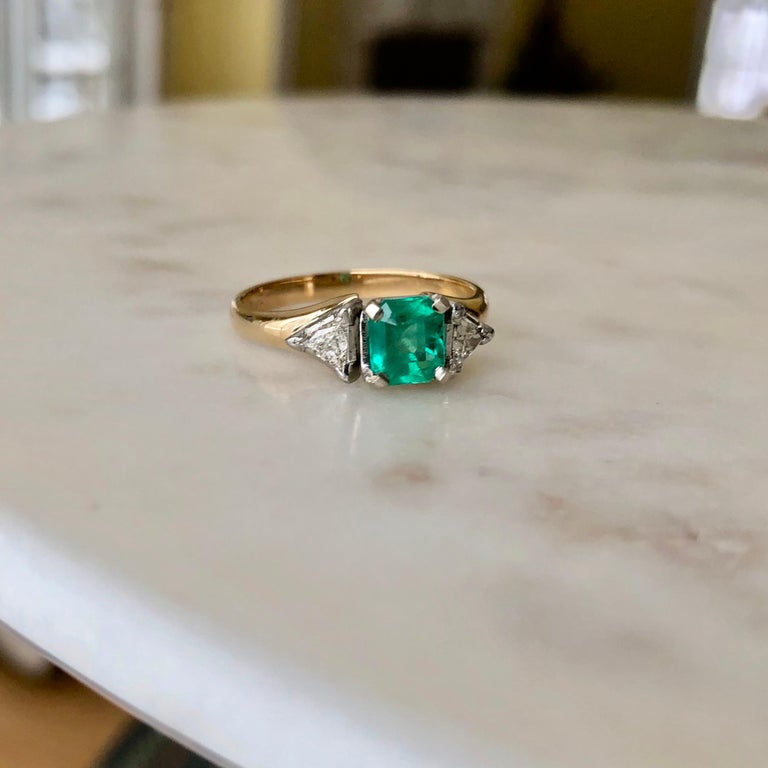 Natural Colombian Emerald Triangular Diamond ThreeStone Engagement