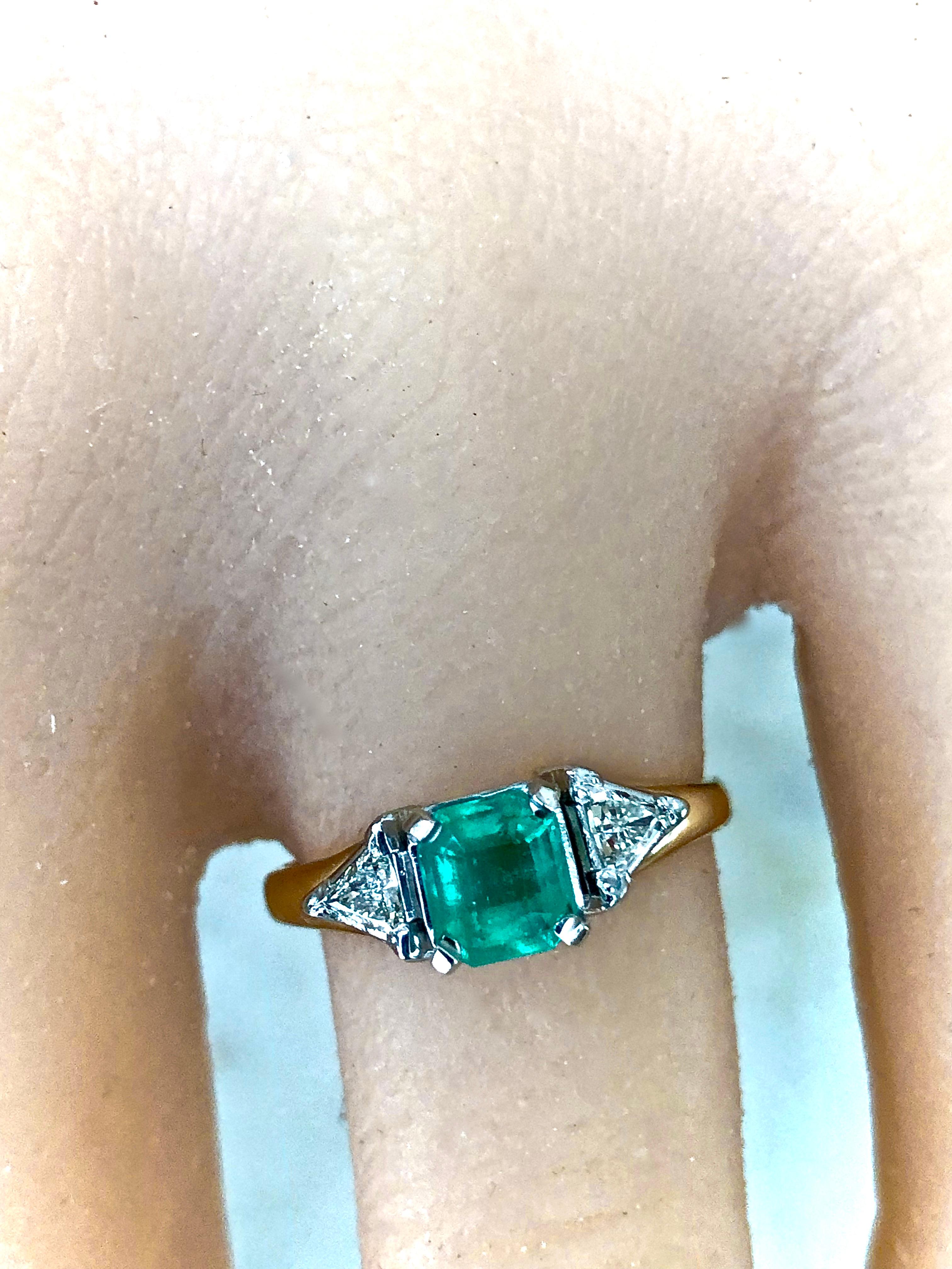 Women's Vintage Colombian Emerald Triangular Diamond Three-Stone Engagement Ring