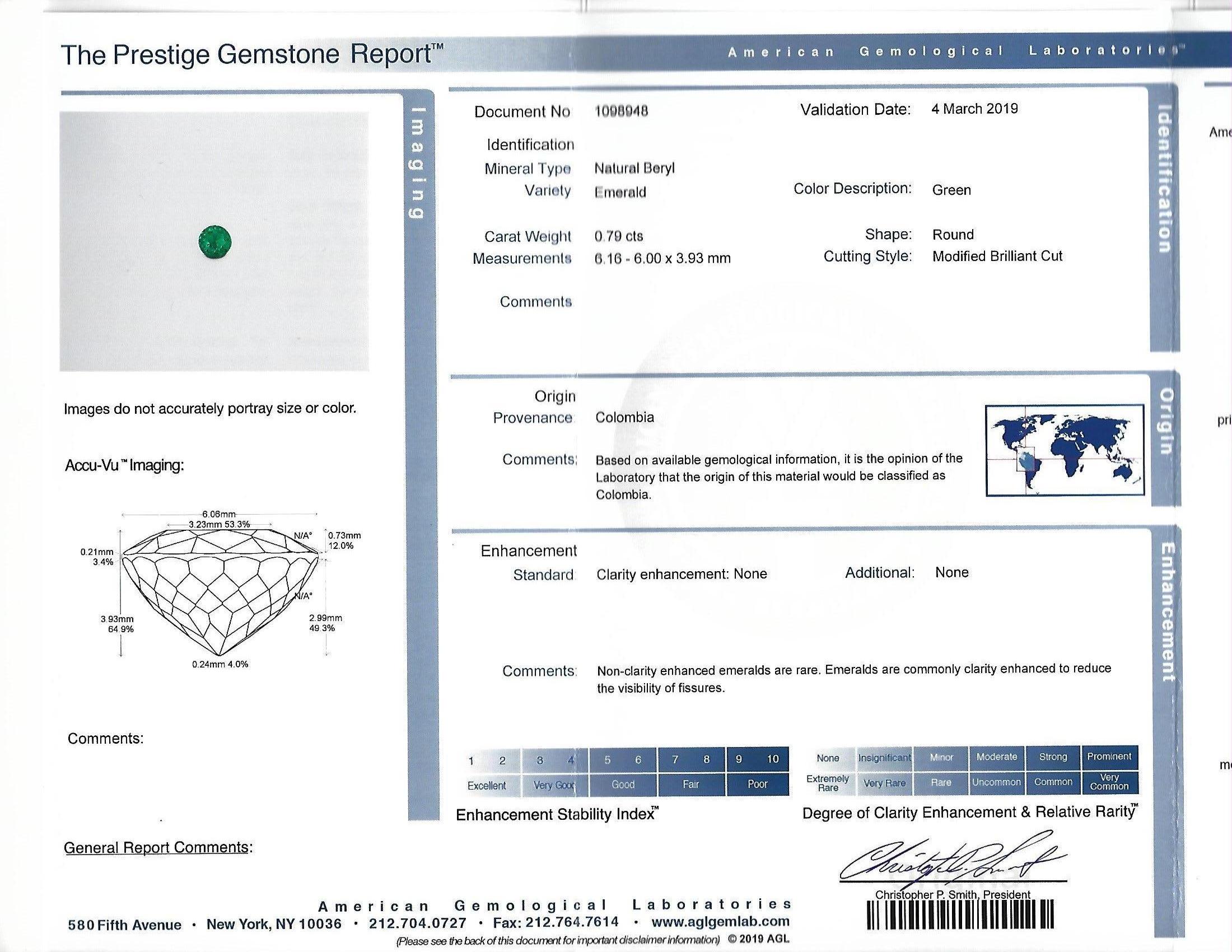 Contemporary Colombian Emerald Ring No Oil 0.79 Carat AGL Certified Untreated For Sale