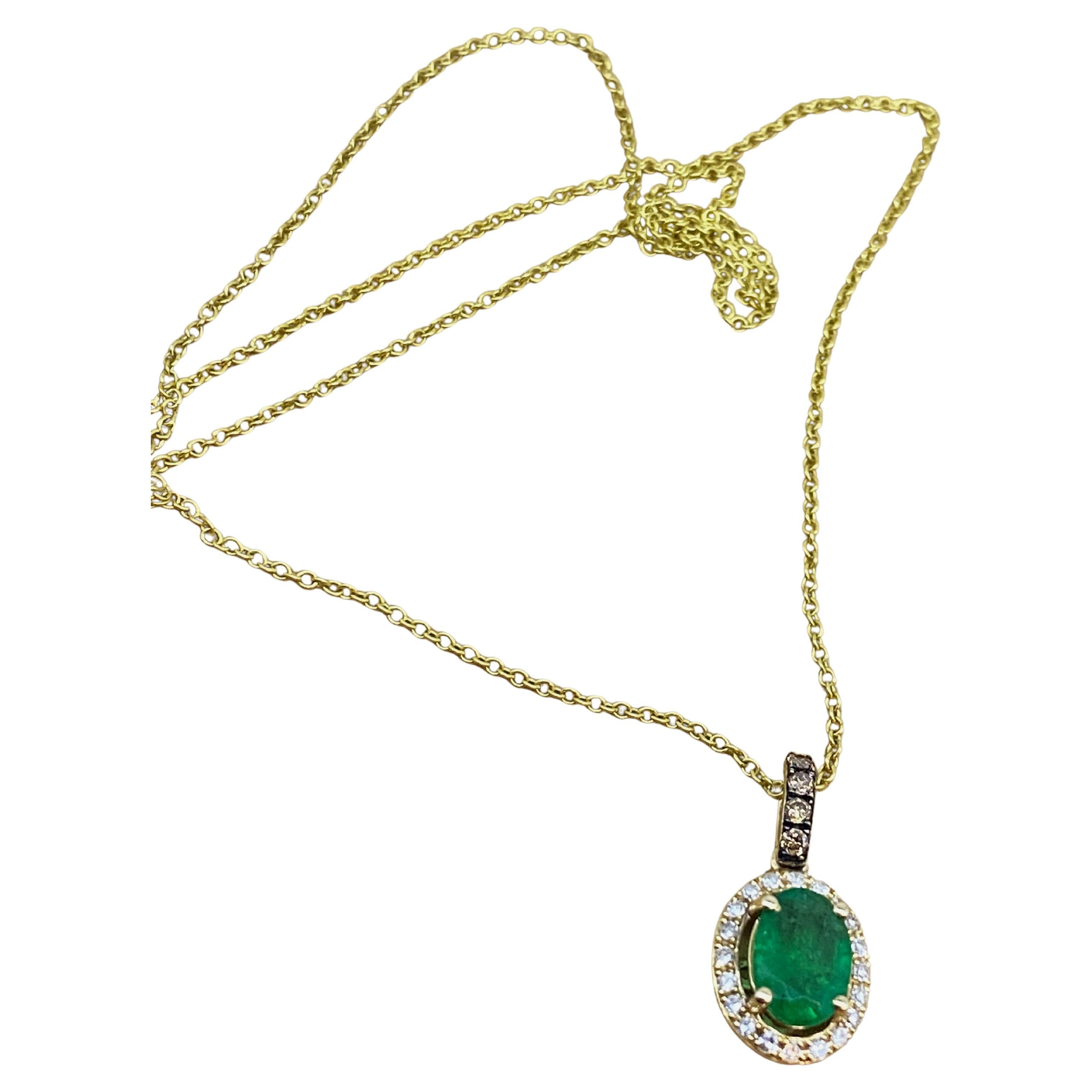 Natural Colombian Vivid Green Emerald & Diamond 14K Yellow Gold Pendant Necklace