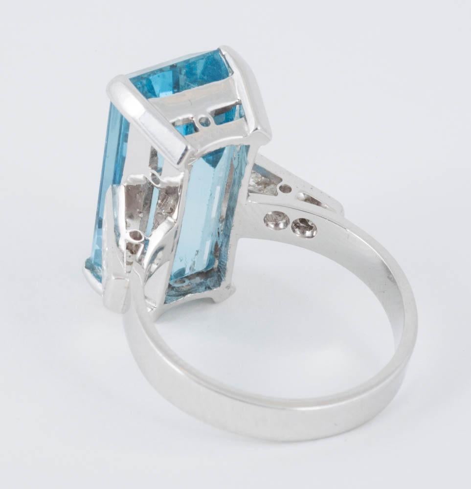 Emerald Cut Natural Color Aquamarine and Diamond Mounted in 18 Carat Gold Ring