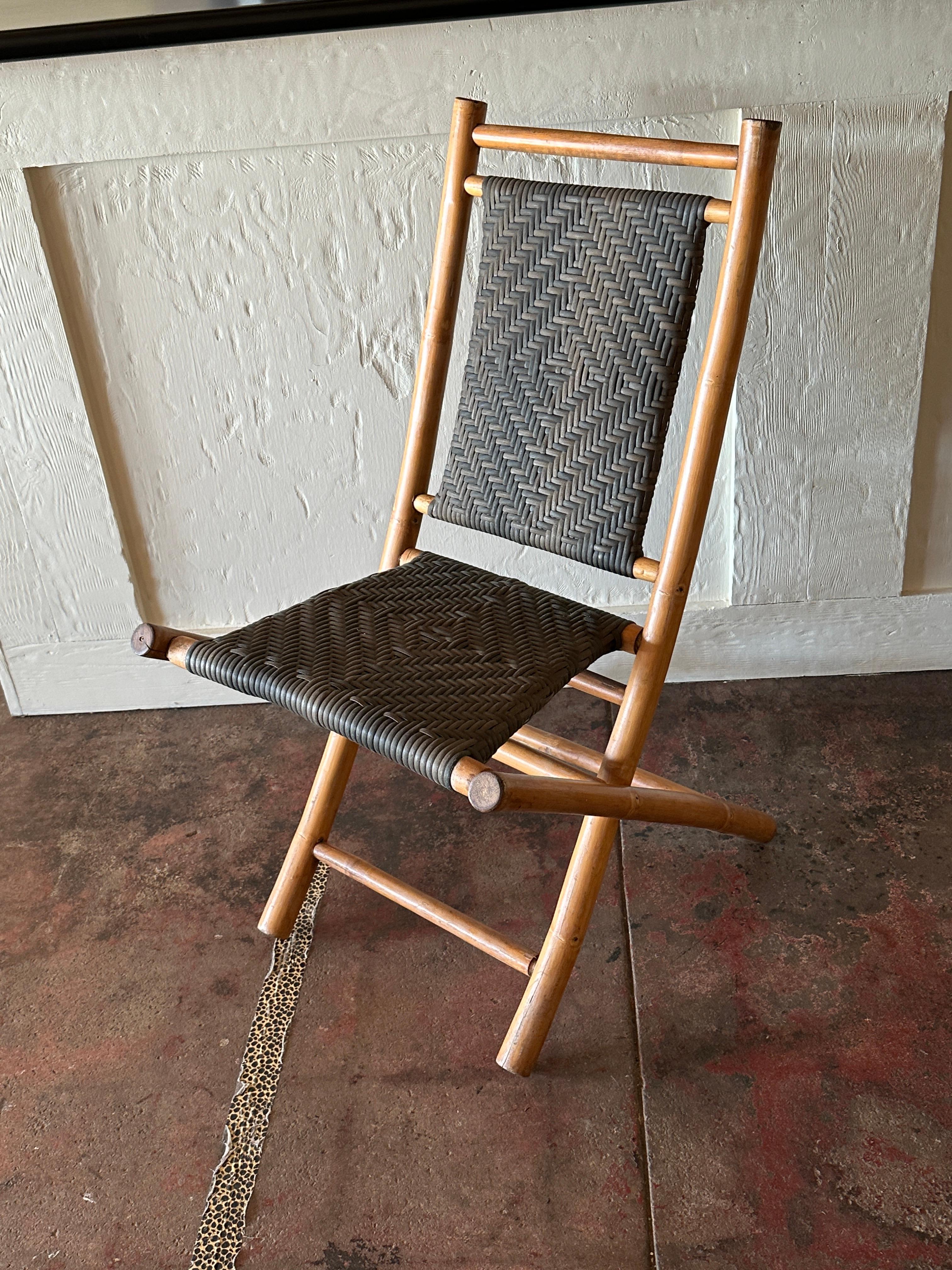 Mid-Century Modern Natural Color Bamboo and Brown Rush Folding Chairs