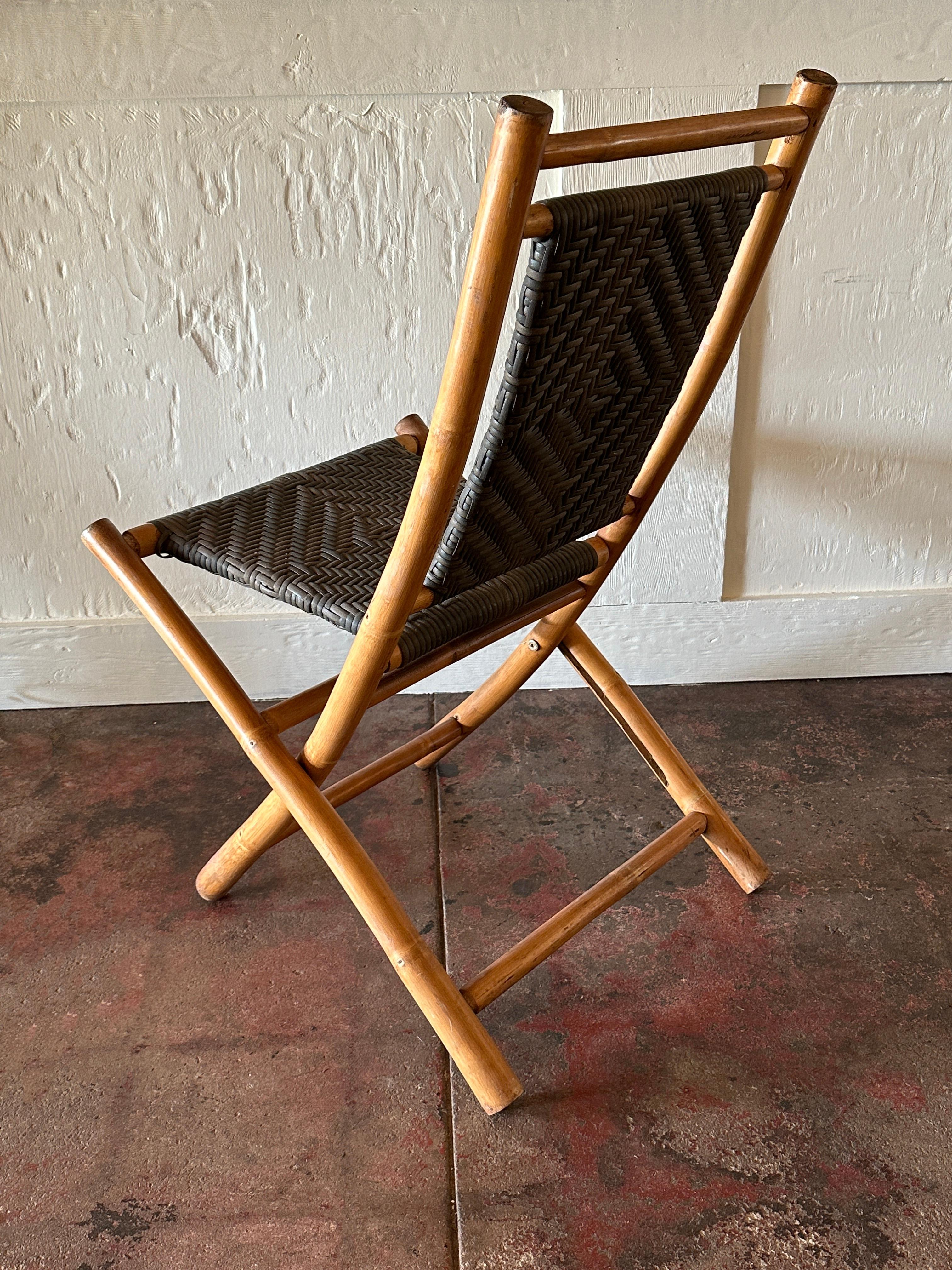 20th Century Natural Color Bamboo and Brown Rush Folding Chairs