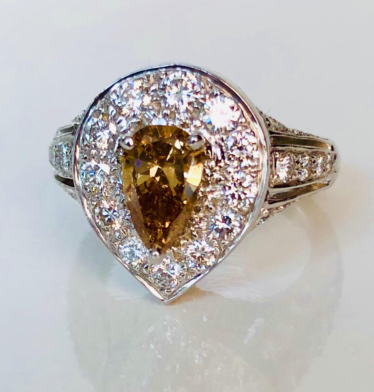 Art Deco Natural Color Champagne Diamond  0.88 CT, Platinum Ring- For Sale