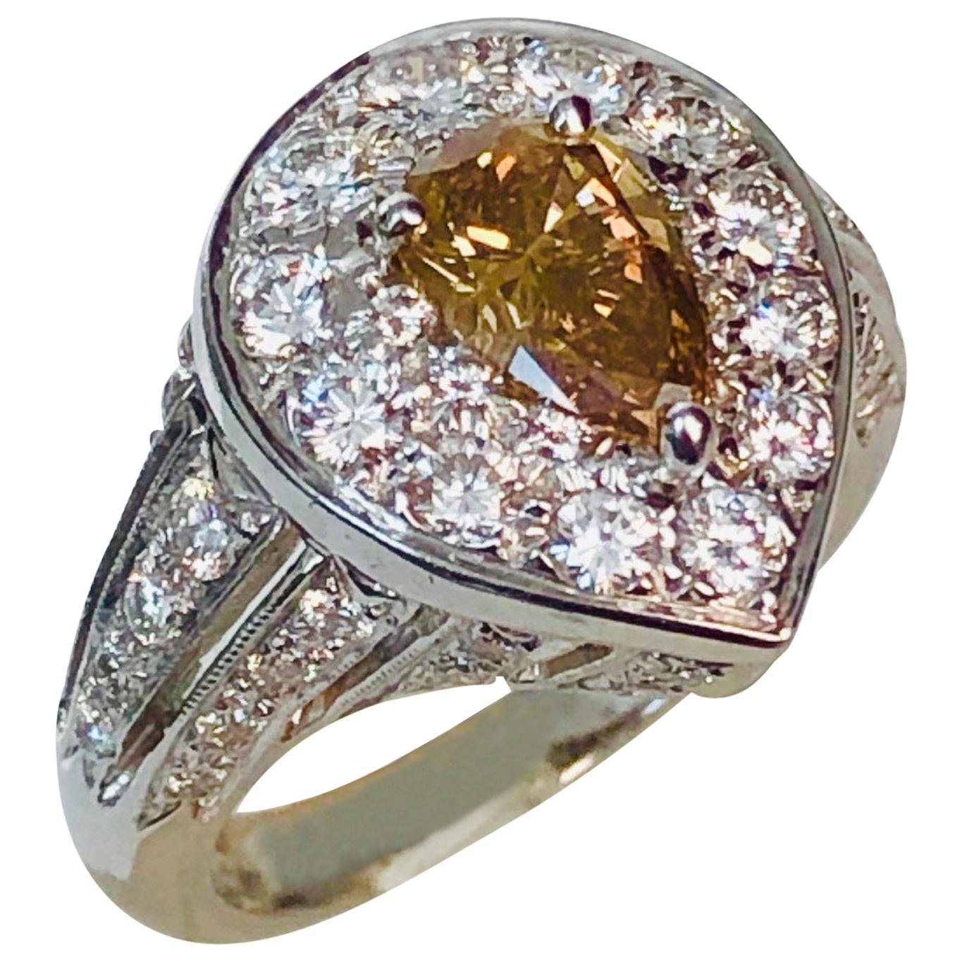Natural Color Champagne Diamond  0.88 CT, Platinum Ring- For Sale