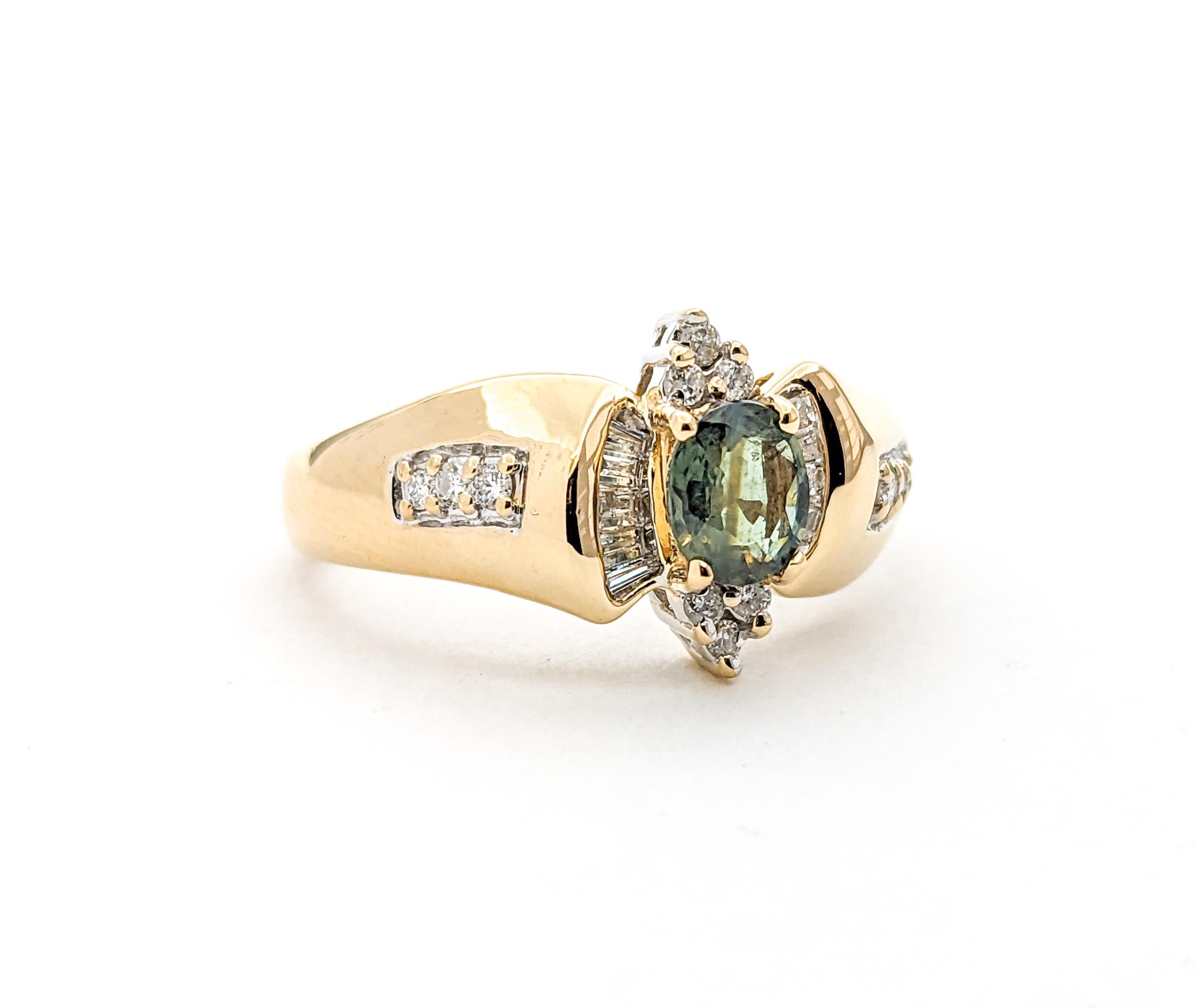 Natural Color Change Alexandrite & baguette Diamond Ring In Yellow Gold

Introducing this fantastic Alexandrite ring in 14k Yellow Gold. At the heart of this creation lies a captivating and rare .49ct natural color change Marquise Alexandrite,