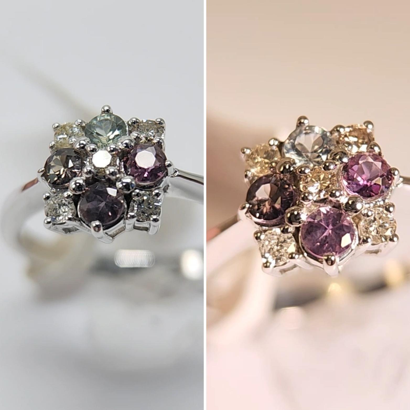 Natural Color Change Montana Sapphire and Diamond Ring 18 Karat White Gold For Sale 2