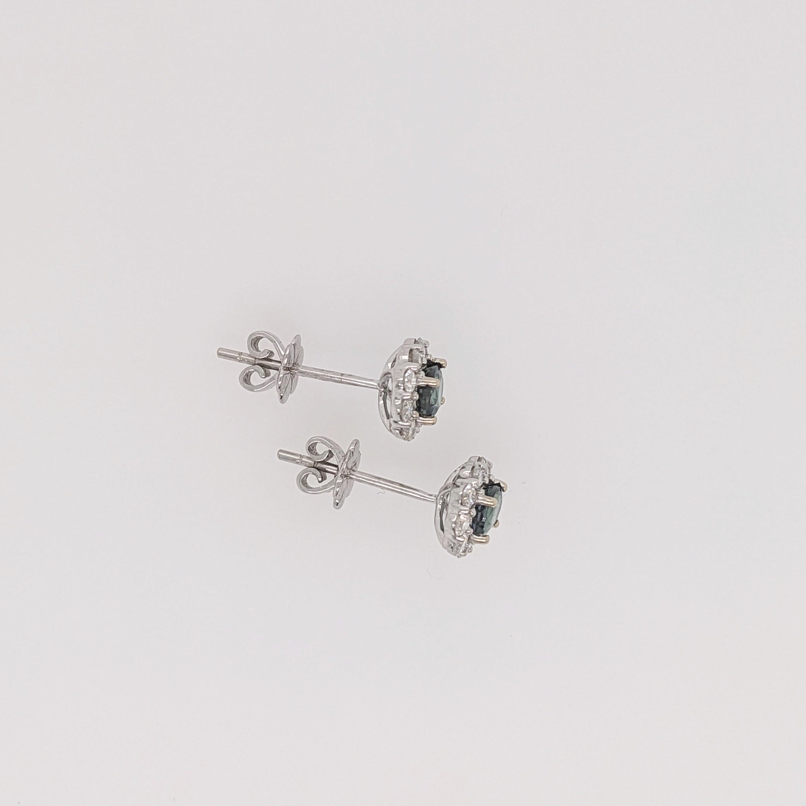 Modern Natural Color Changing Alexandrite Studs in 14K White Gold with a Diamond Halo For Sale
