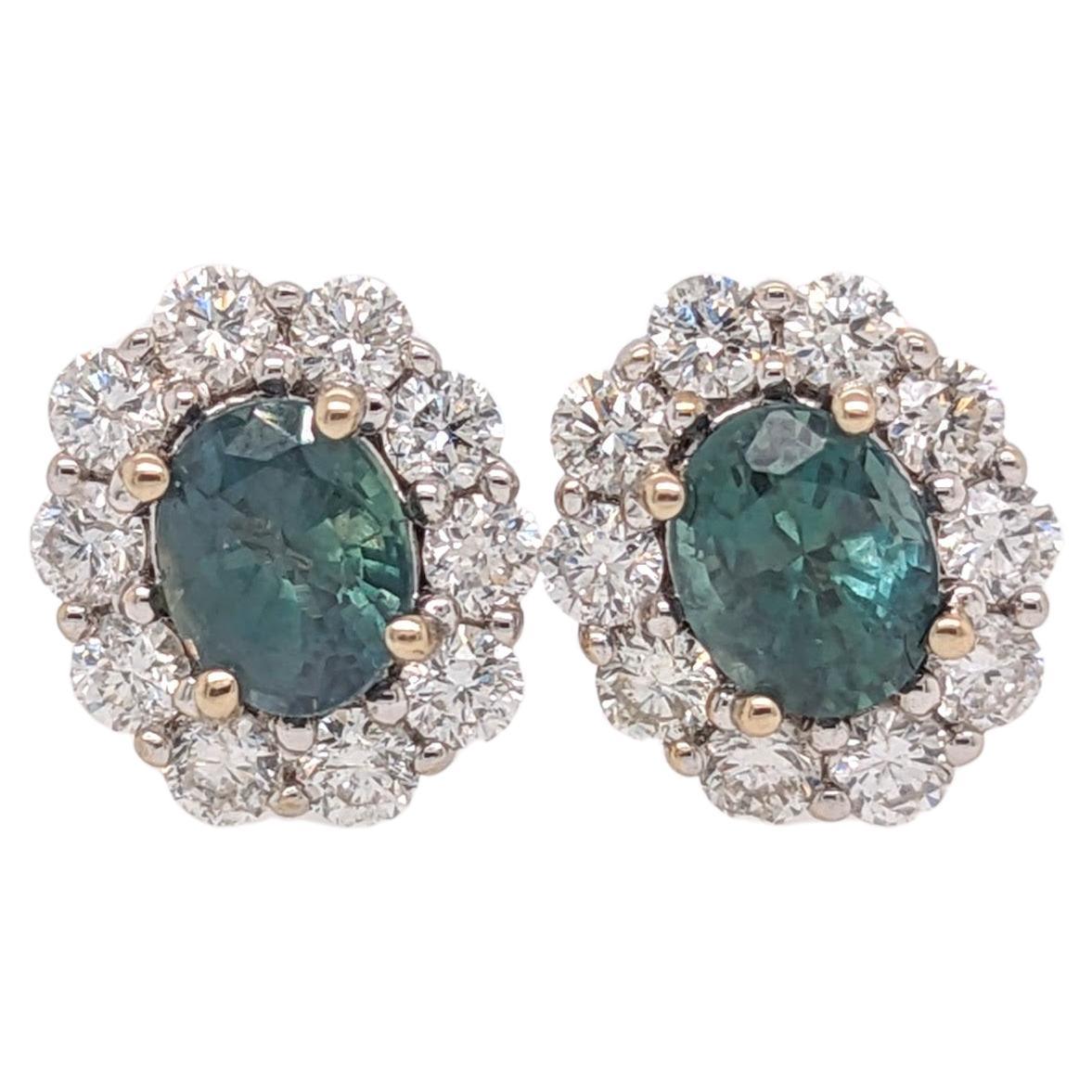Natural Color Changing Alexandrite Studs in 14K White Gold with a Diamond Halo For Sale