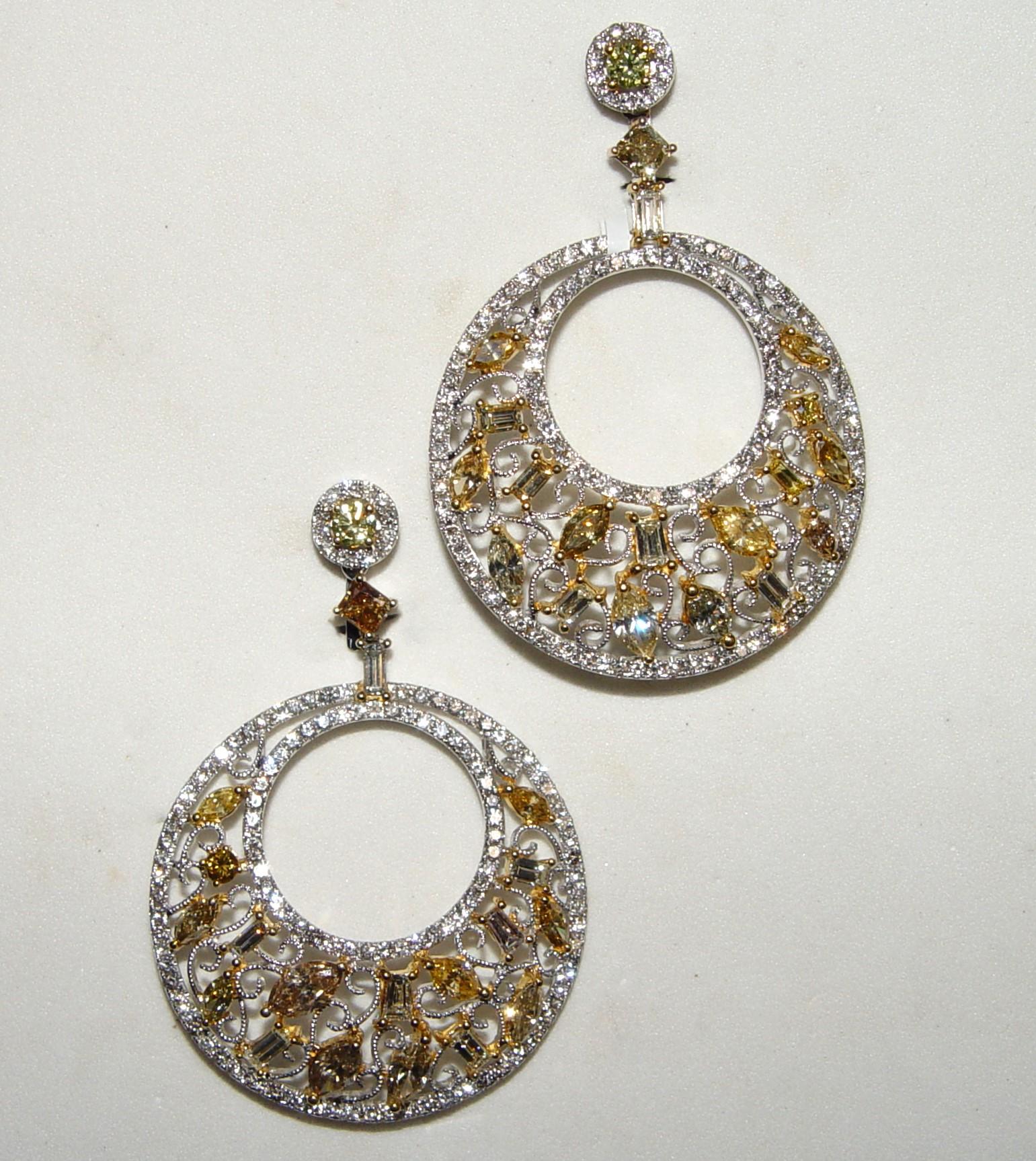 Two chandelier earring encrusted with 256 Round brilliant cut natural WHITE diamond 3.23CT total in for two earrings (diamonds are beautiful G-H in color or better, VS-SI1 or better - white and sparkly stones). Dangling part of each earring set with