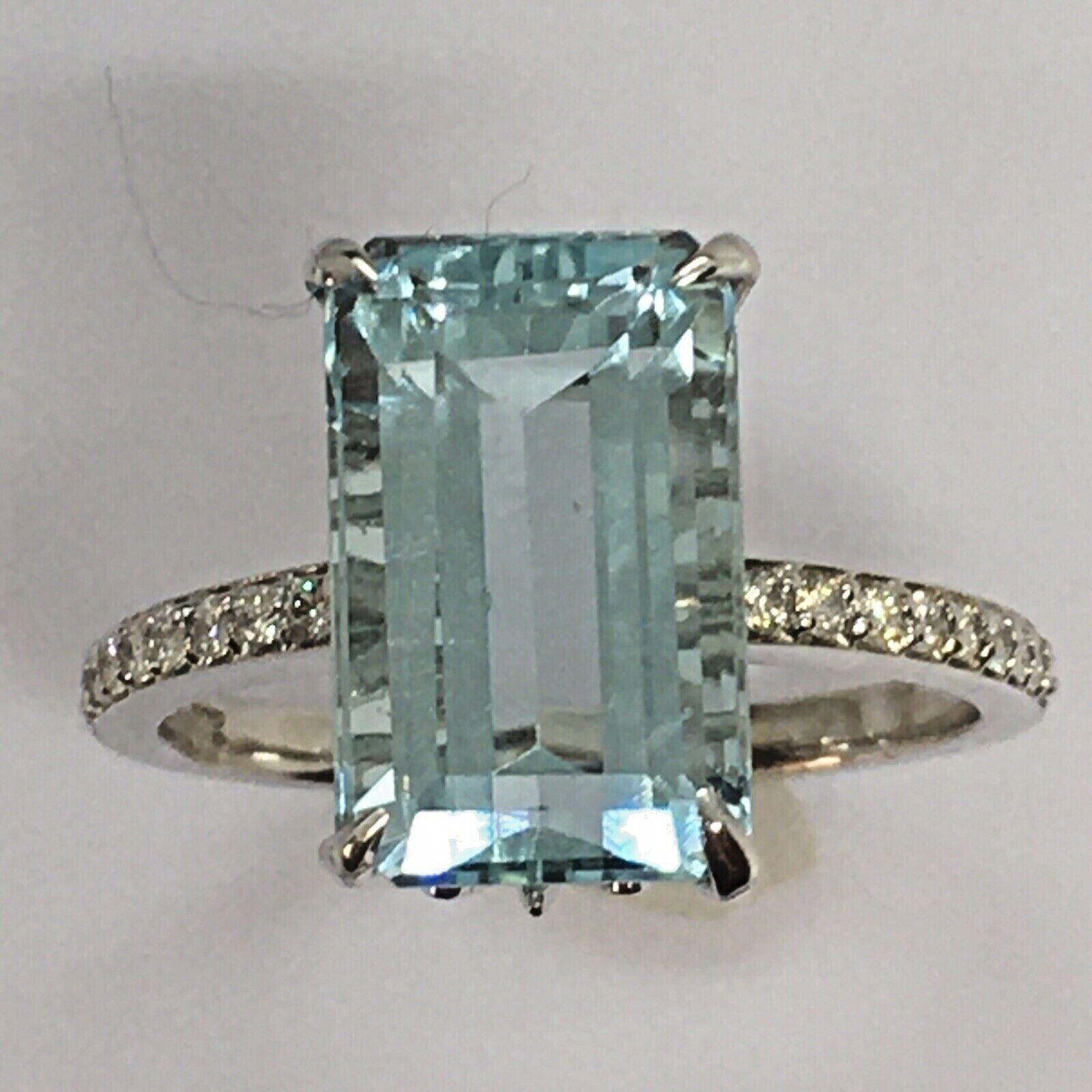 Emerald Cut Natural Color Earth Mined 4.5ct Aquamarine 1/4ct Diamond 14k White Gold Ring For Sale