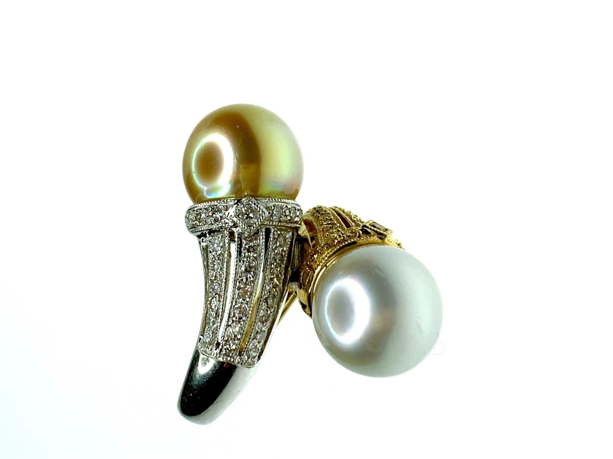 Natural Color Golden and White Cultured Pearl & Fancy Yellow and Colorless Diamond Ring, ring size 54. 