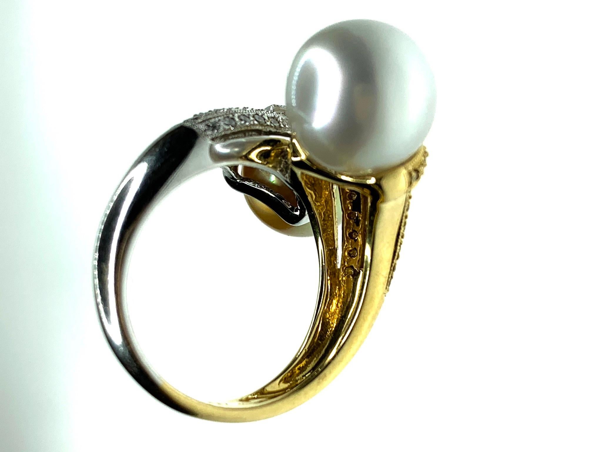 Modern Gemolithos Natural Color Golden and White Cultured Pearl and Diamond Ring For Sale