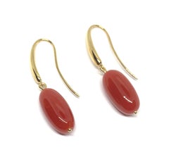 Natural Color Oxblood Red Coral and Yellow Gold Drop French Wire Earrings