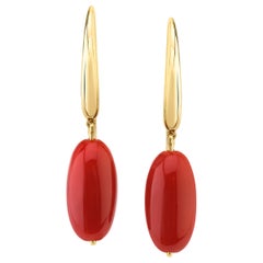 Natural Color Oxblood Red Coral and Yellow Gold Drop French Wire Earrings