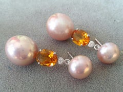 Natural Color Pinkish Pearls Citrine Diamonds White Gold Dangle Earrings