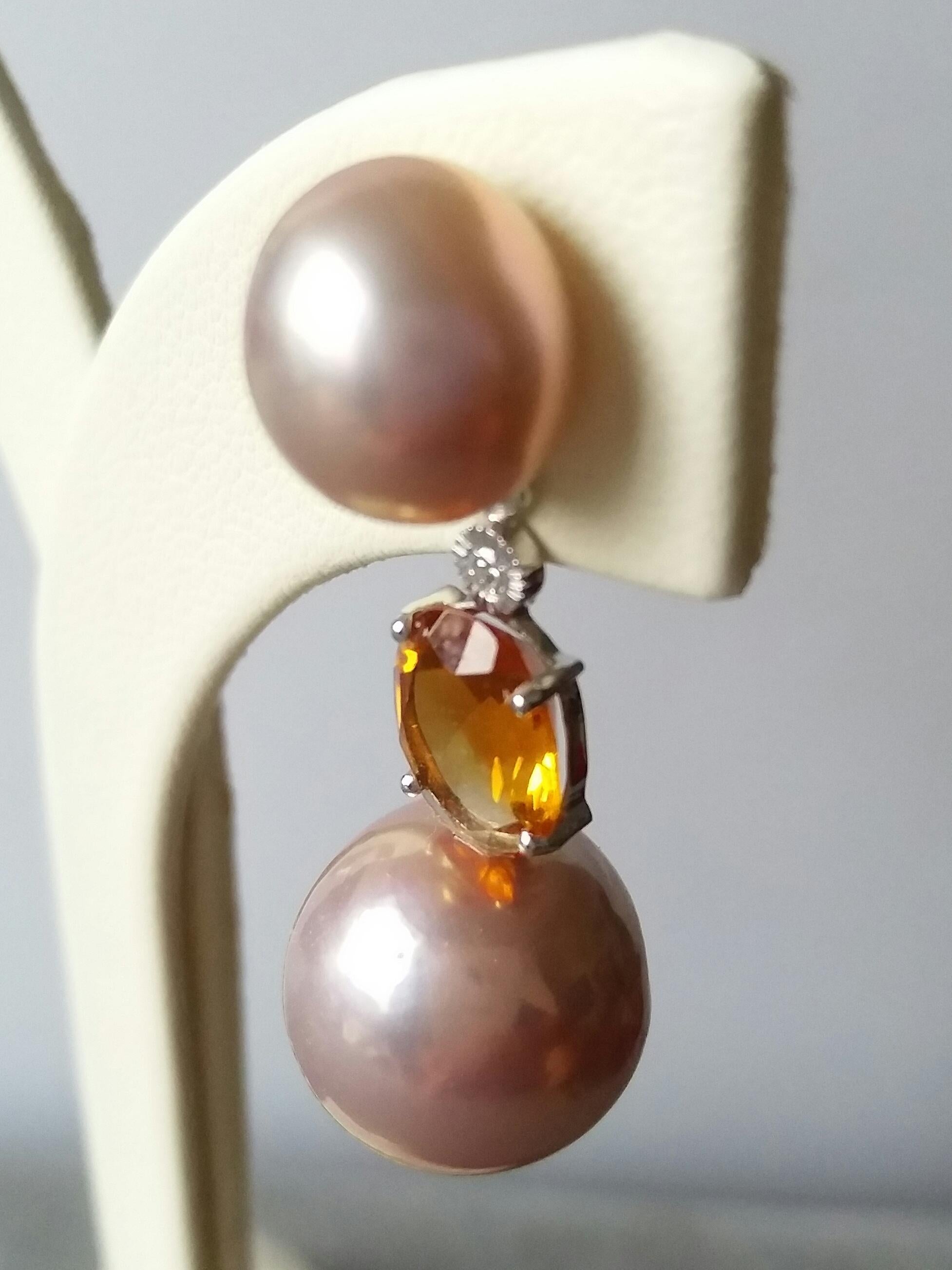 Contemporary Natural Color Pinkish Pearls Citrine Diamonds White Gold Dangle Earrings For Sale