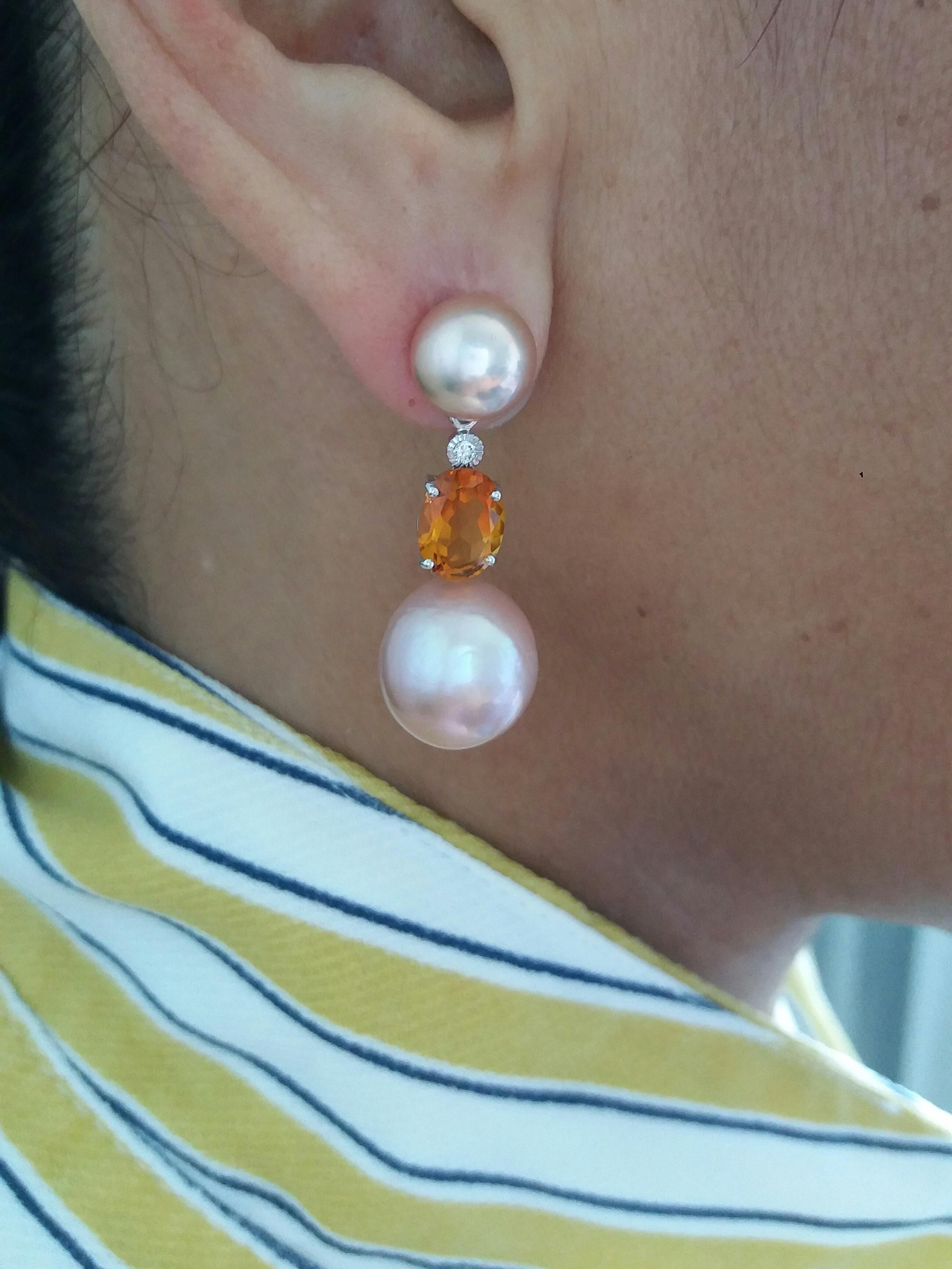 Mixed Cut Natural Color Pinkish Pearls Citrine Diamonds White Gold Dangle Earrings For Sale