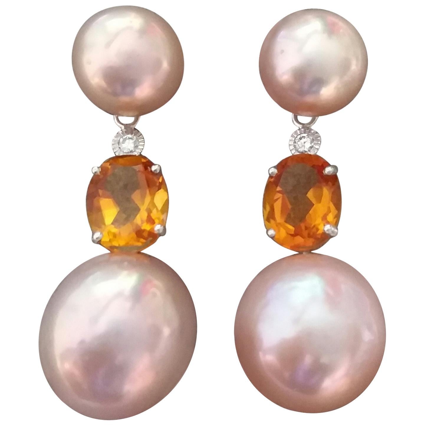 Natural Color Pinkish Pearls Citrine Diamonds White Gold Dangle Earrings