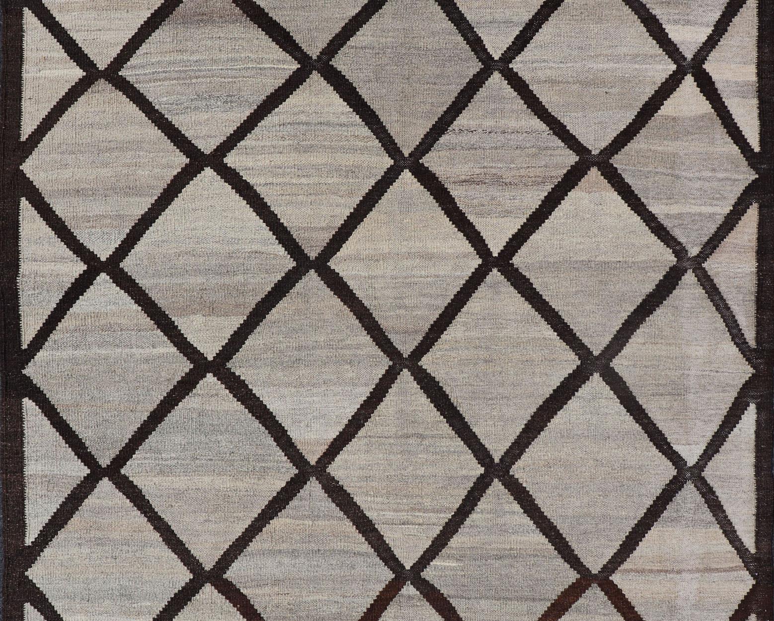 Afghan Natural Color-Tone Flat-Weave Kilim in Diamond Design For Sale